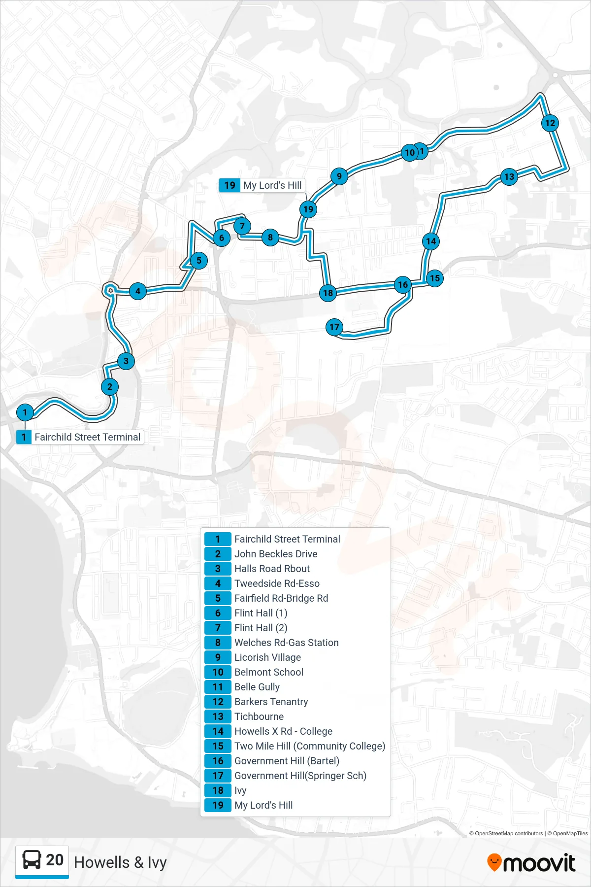 20 bus Line (Fairchild Street Terminal To Howells & Ivy) route and stops on a map
