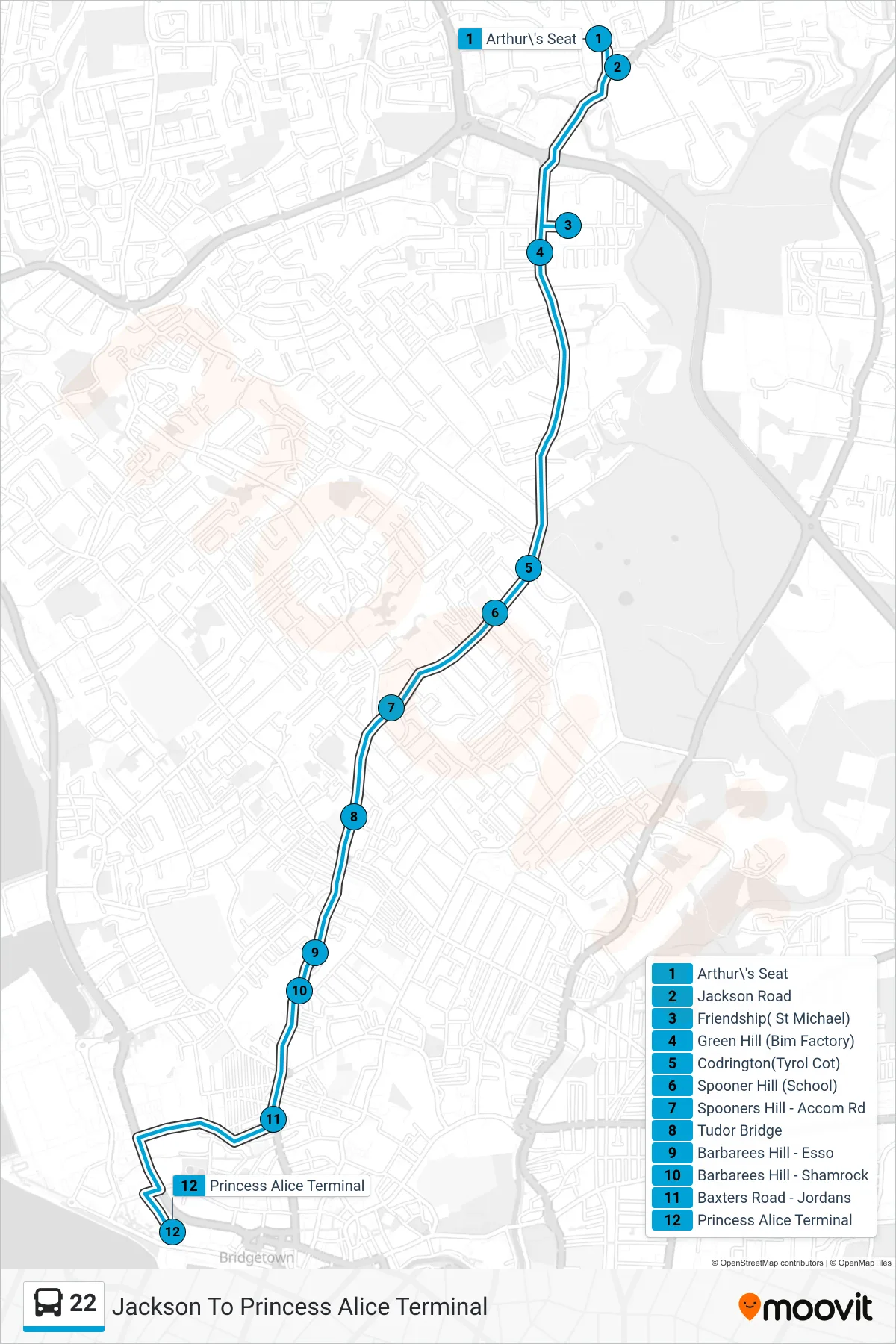 22 bus Line (Jackson To Princess Alice Terminal) route and stops on a map