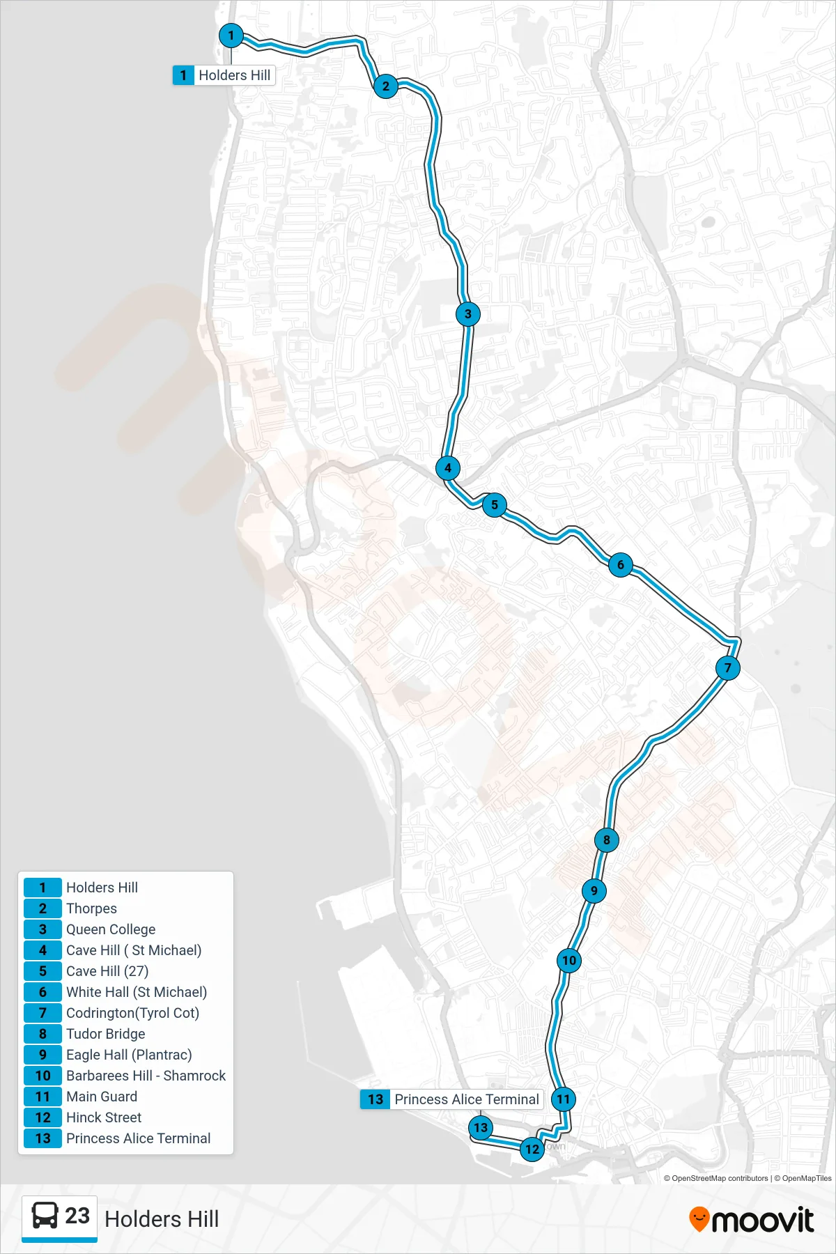 23 bus Line (Holders Hill To Princess Alice Terminal) route and stops on a map