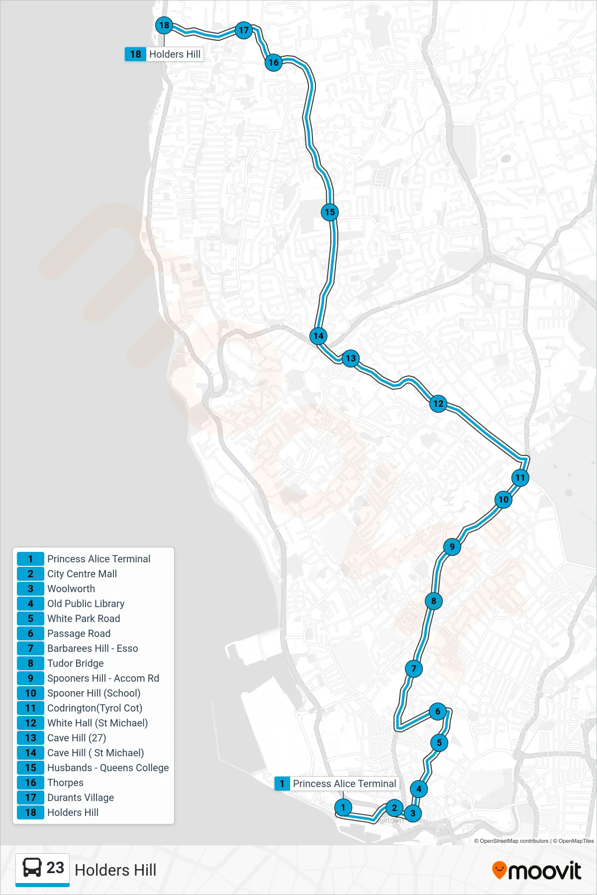 23 bus Line (Princess Alice Terminal To Holders Hill) route and stops on a map