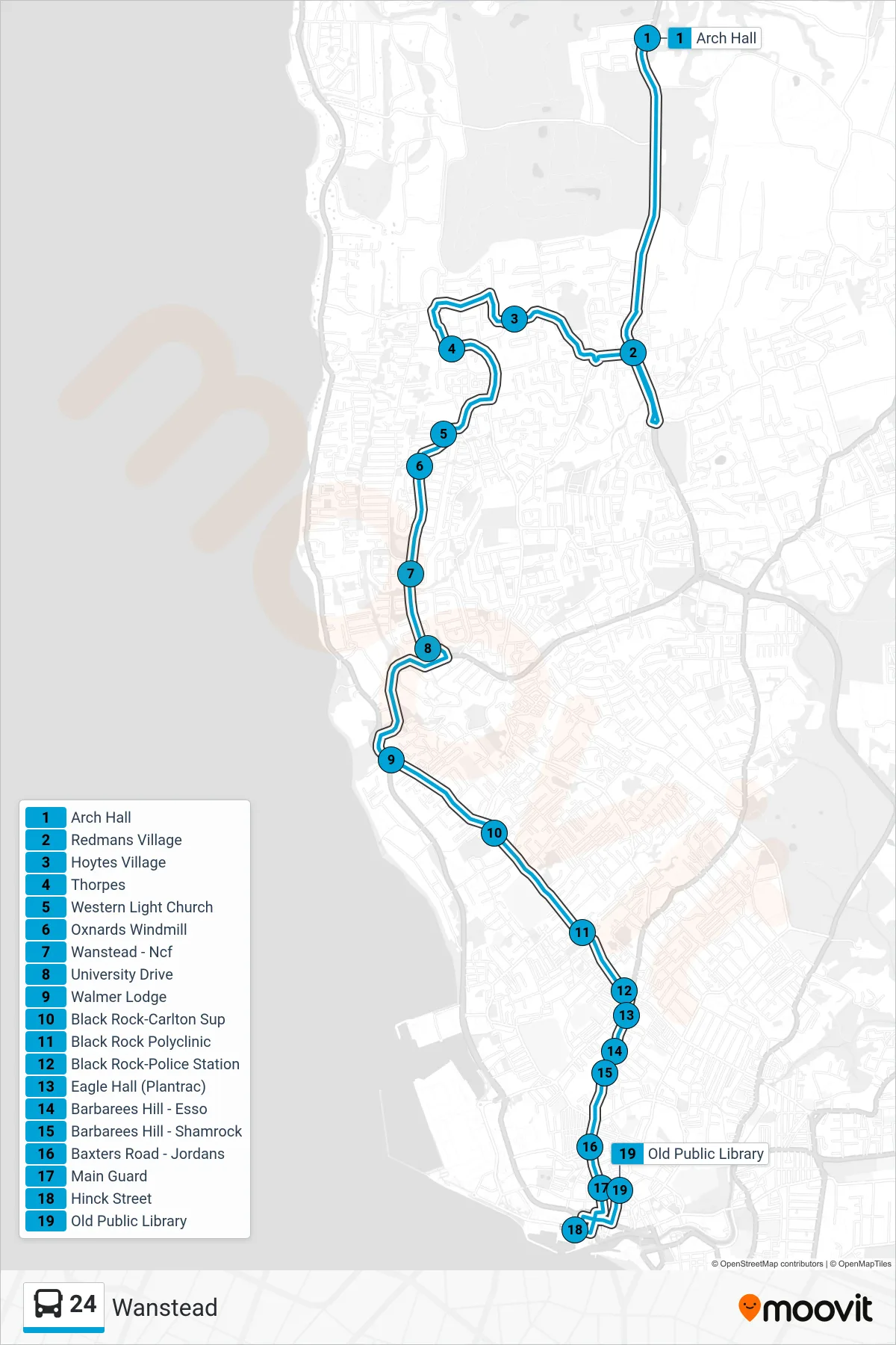 24 bus Line (Wanstead To Princess Alice Terminal) route and stops on a map