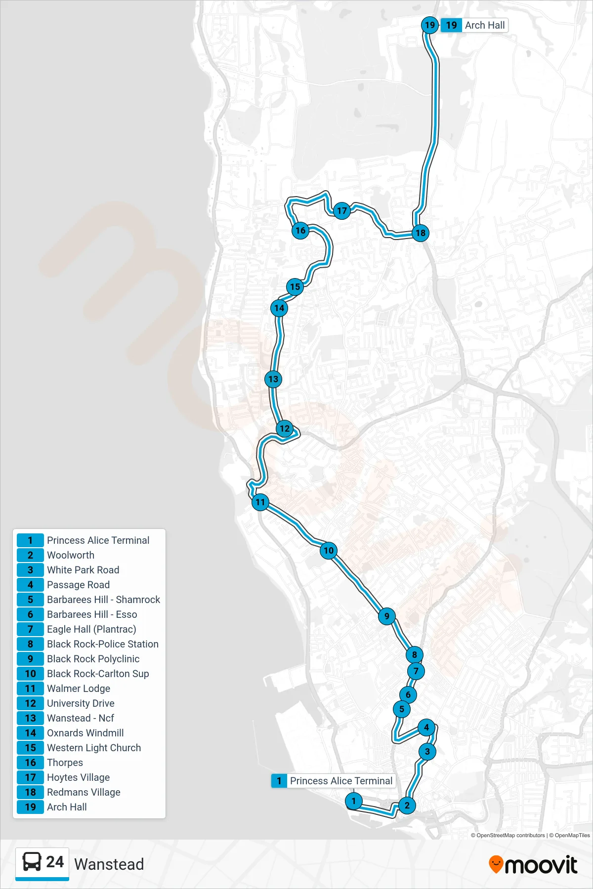 24 bus Line (Princess Alice Terminal To Wanstead) route and stops on a map