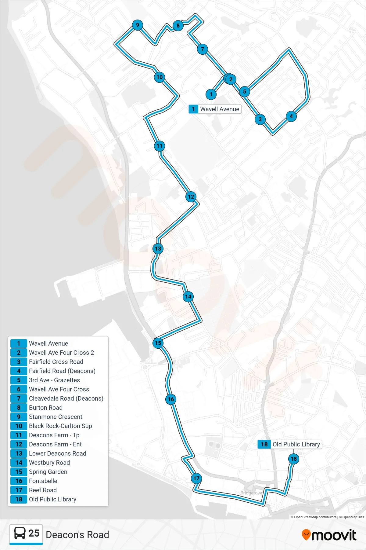 25 bus Line (Deacon's Road To Princess Alice Terminal) route and stops on a map