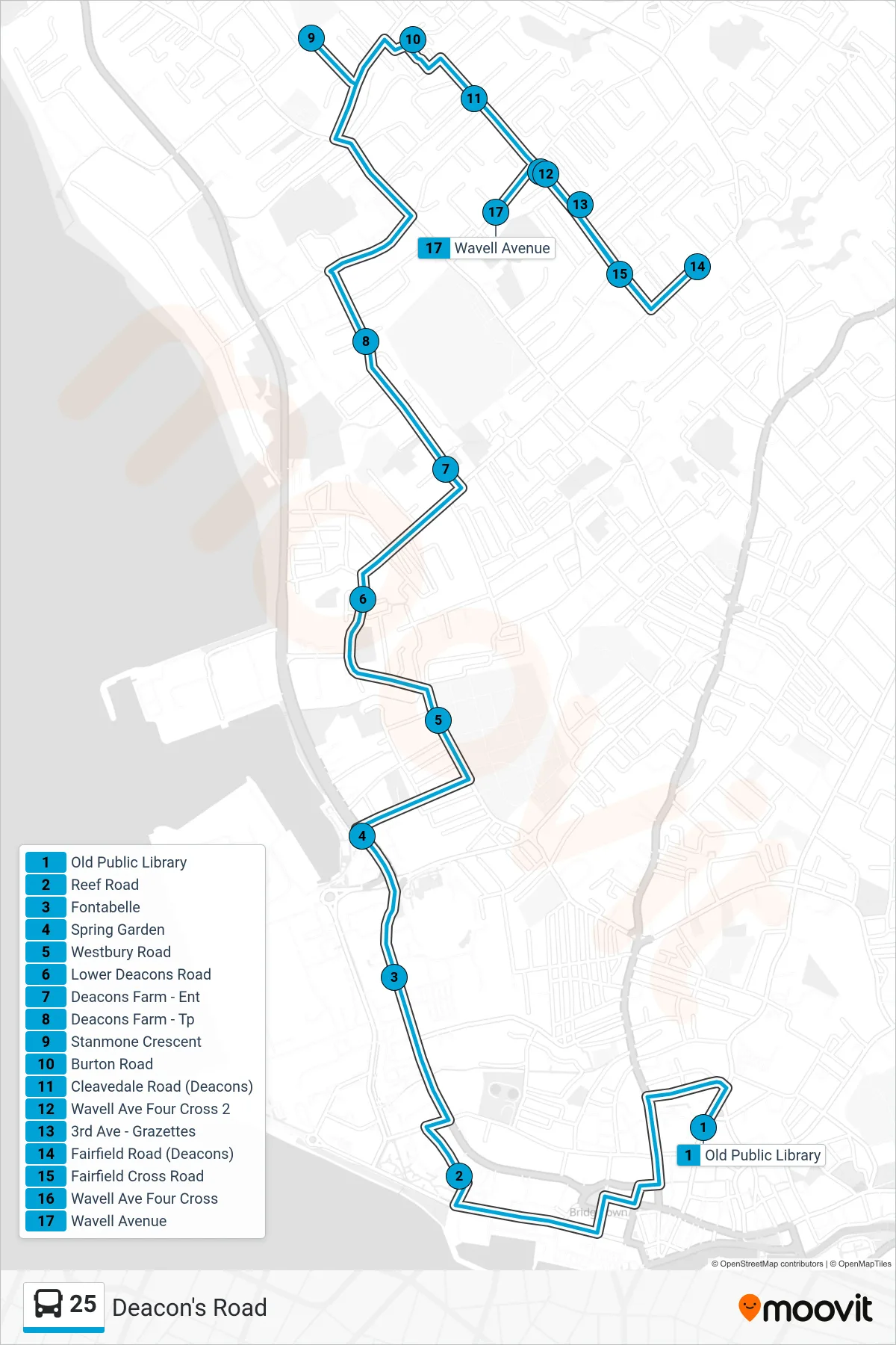 25 bus Line (Princess Alice Terminal To Deacon's Road) route and stops on a map