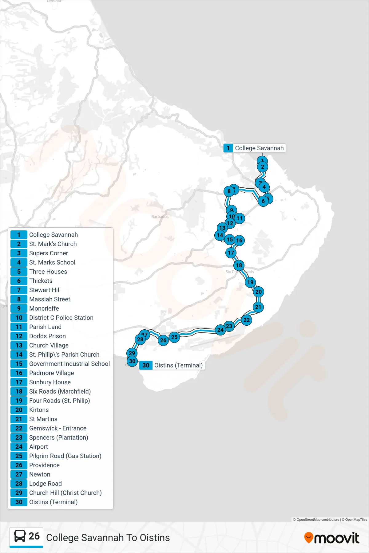 26 bus Line (College Savannah To Oistins) route and stops on a map