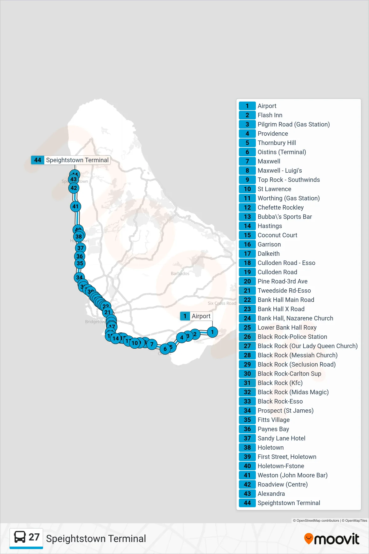 27 bus Line (Airport To Speightstown Terminal) route and stops on a map
