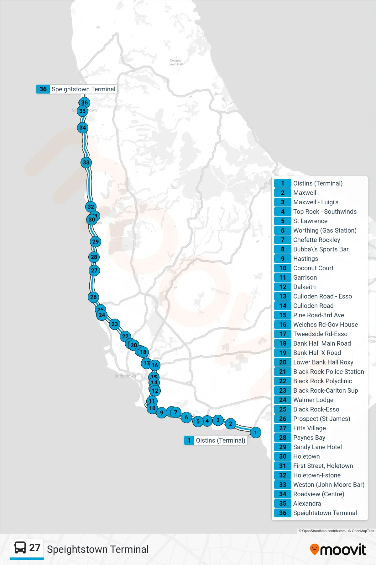 27 bus Line (Oistins To Speightstown Terminal) route and stops on a map