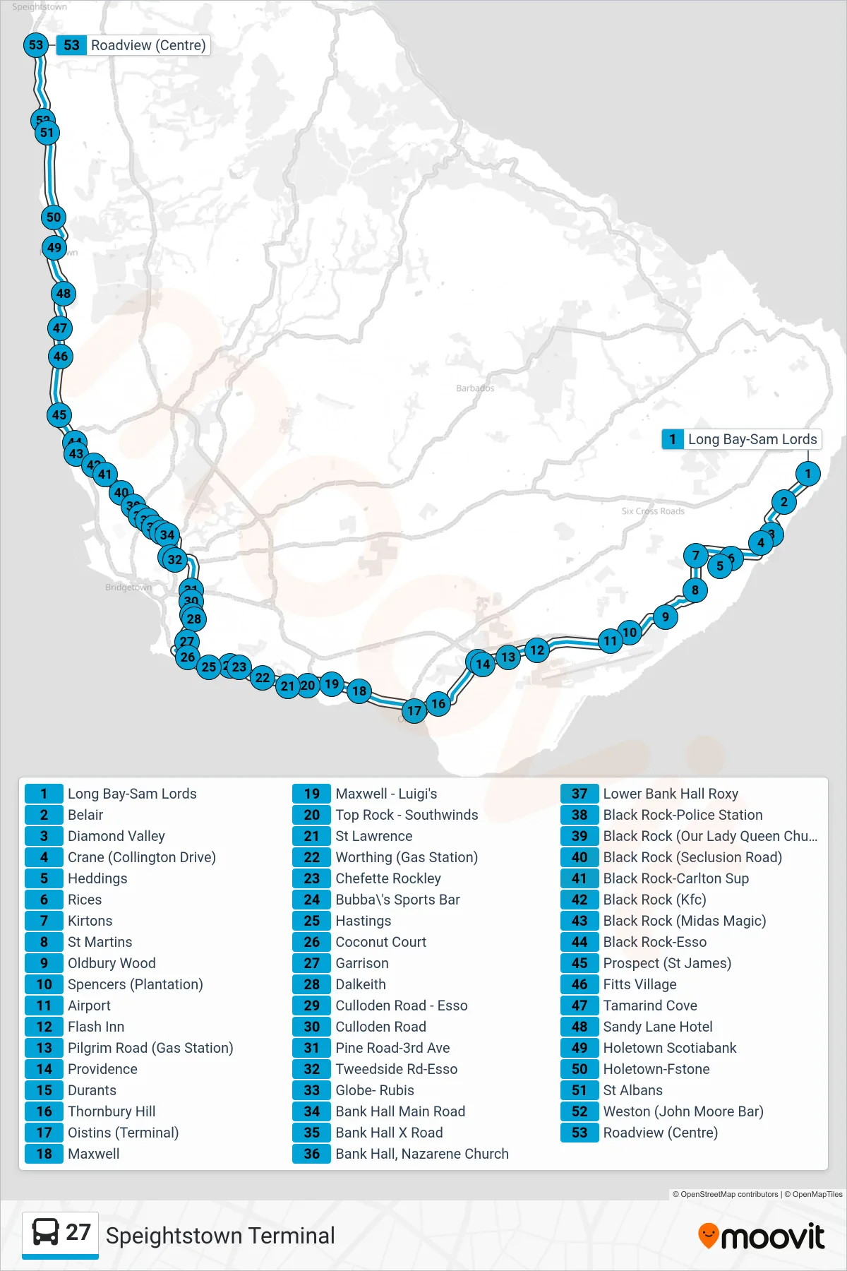27 bus Line (Long Bay To Speightstown Terminal) route and stops on a map