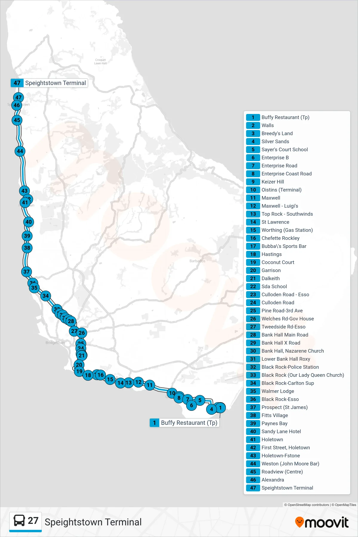 27 bus Line (Silver Sands To Speightstown Terminal) route and stops on a map
