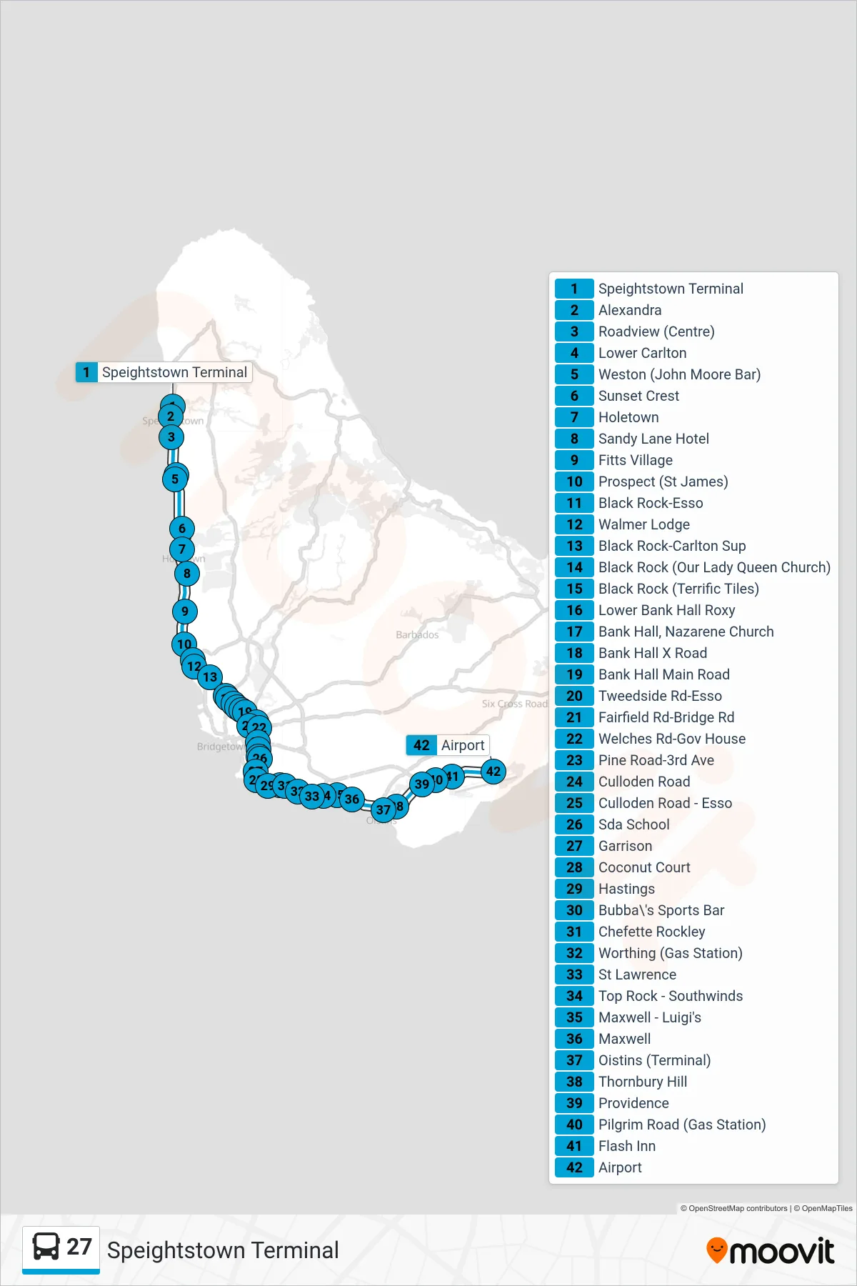 27 bus Line (Speightstown Terminal To Airport) route and stops on a map