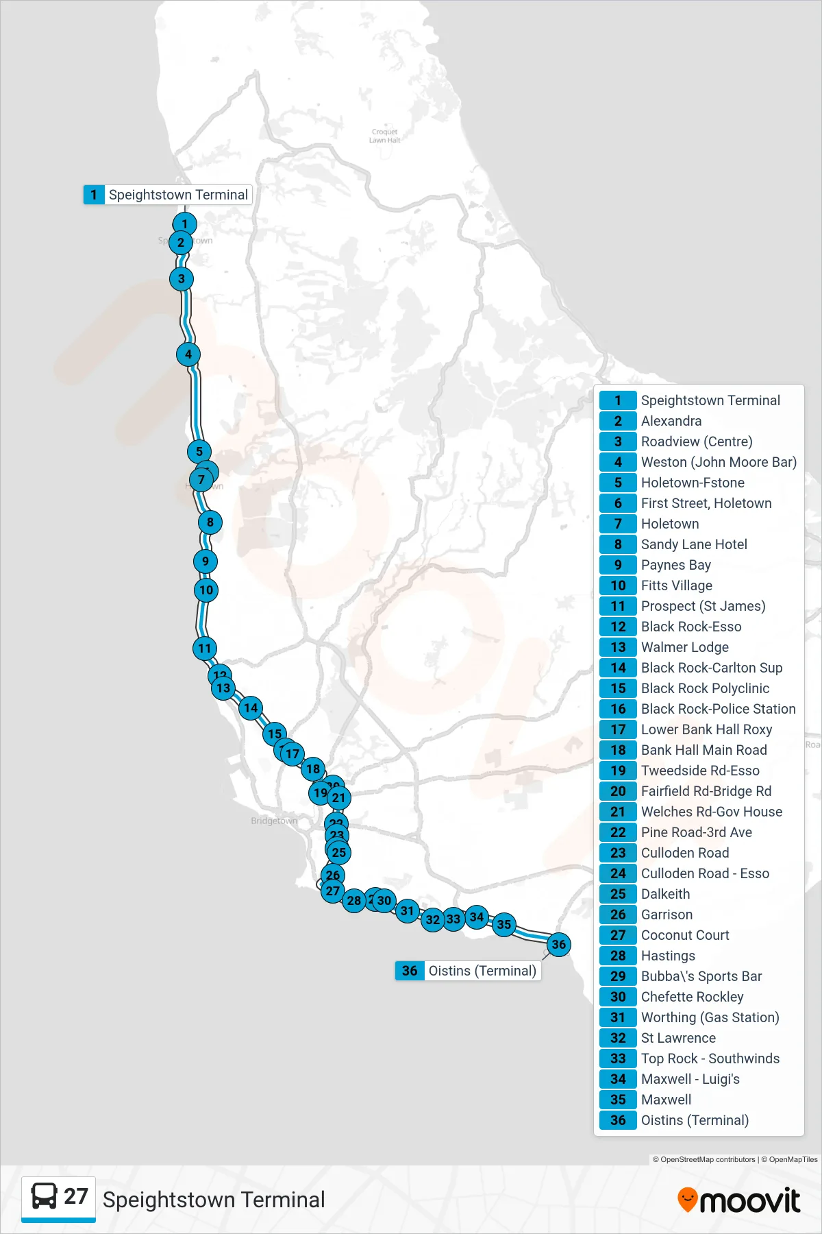 27 bus Line (Speightstown Terminal To Oistins) route and stops on a map