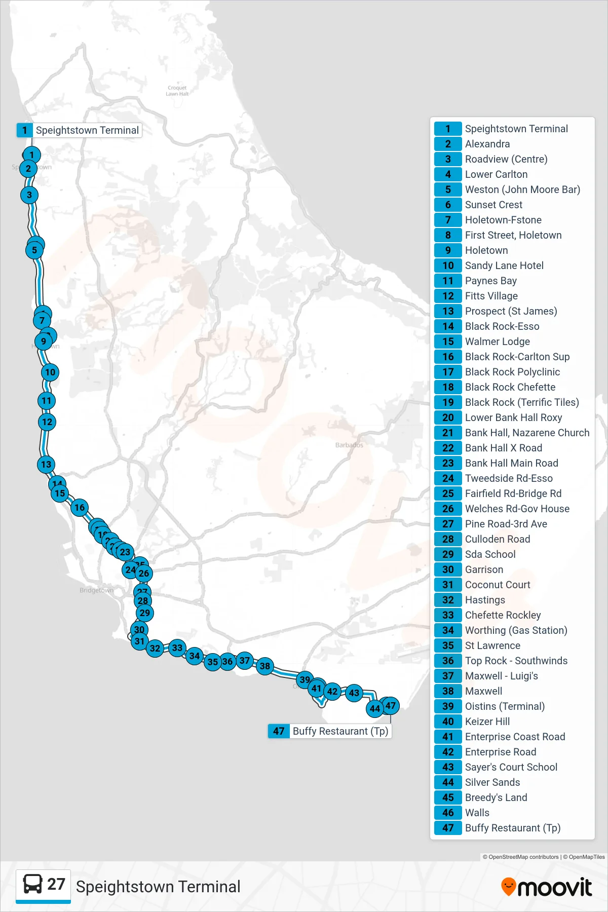 27 bus Line (Speightstown Terminal To Silver Sands) route and stops on a map