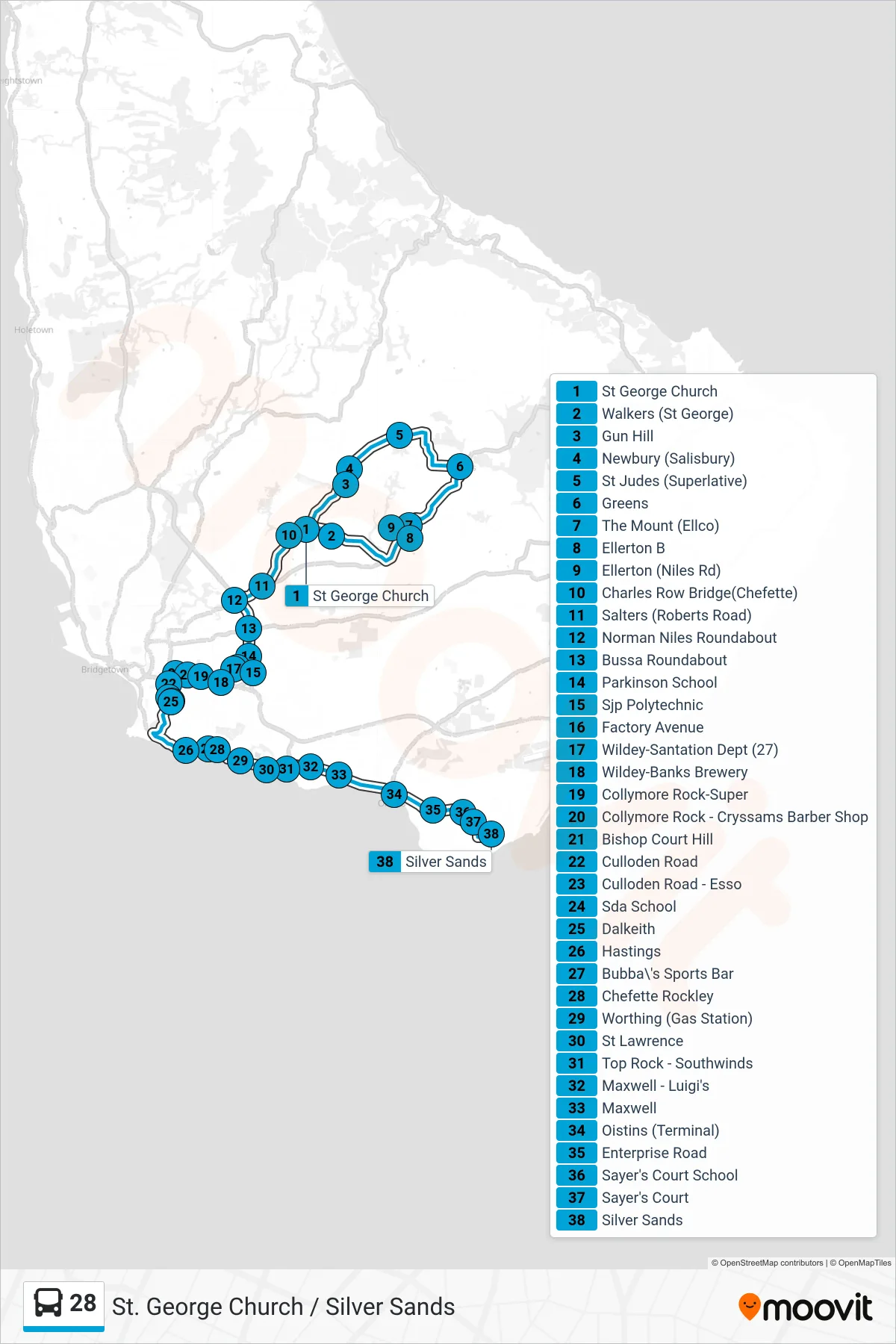 28 bus Line (St. George Church To Oistins) route and stops on a map