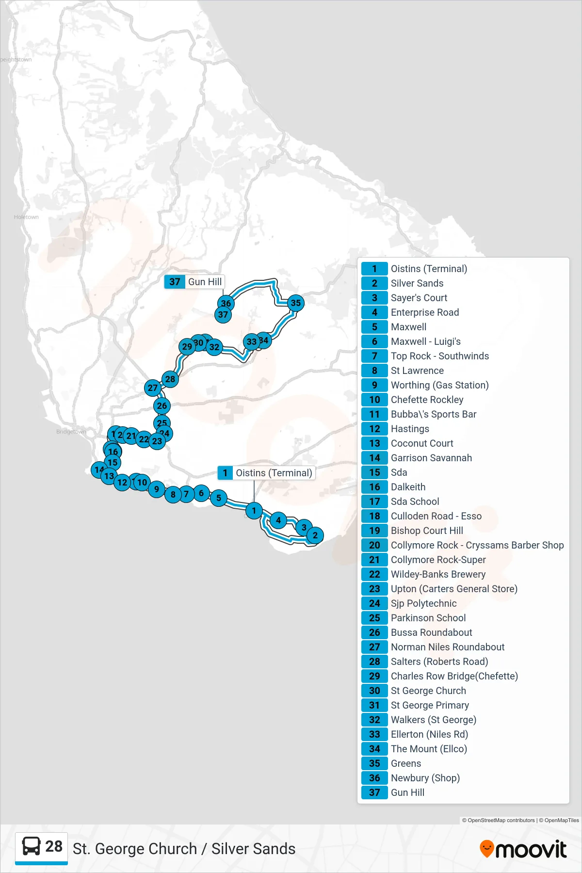 28 bus Line (Oistins To St. George Church) route and stops on a map