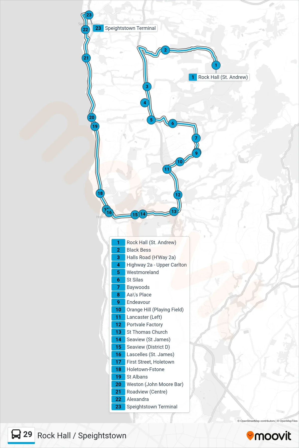 29 bus Line (Rock Hall To Speightstown Terminal) route and stops on a map