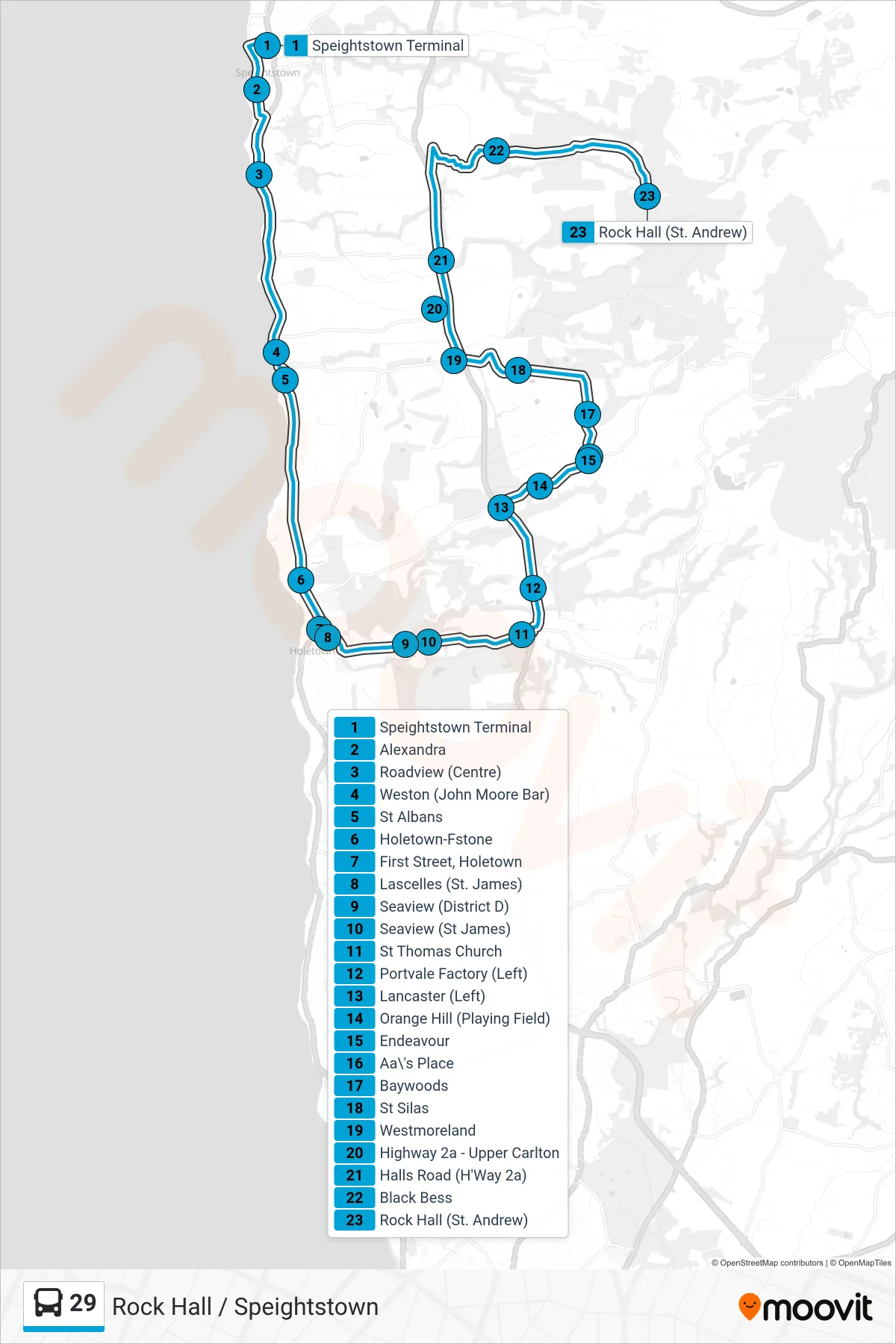 29 bus Line (Speightstown Terminal To Rock Hall) route and stops on a map