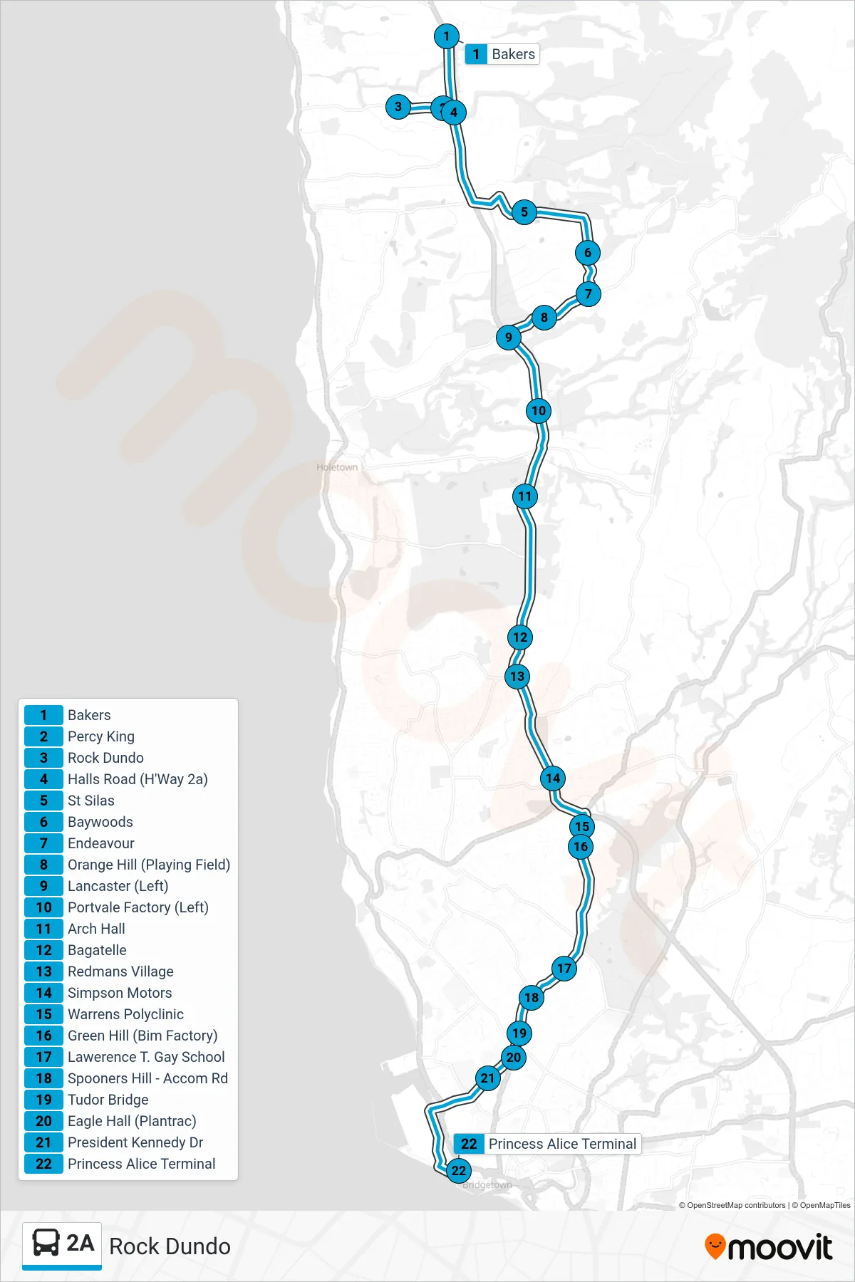 2A bus Line (Rock Dundo To Princess Alice Terminal) route and stops on a map