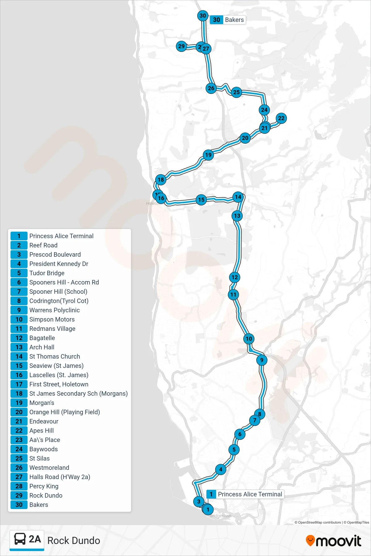 2A bus Line (Princess Alice Terminal To Rock Dundo) route and stops on a map