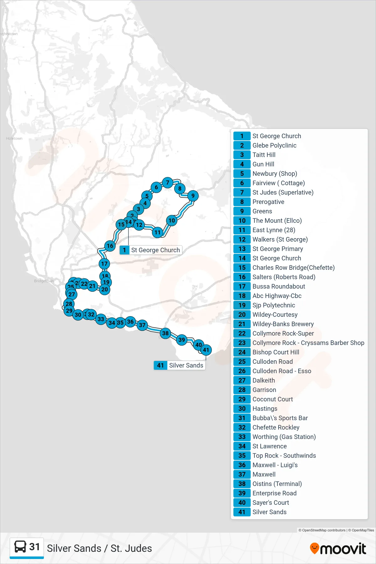 31 bus Line (St. George Church To Silver Sands) route and stops on a map
