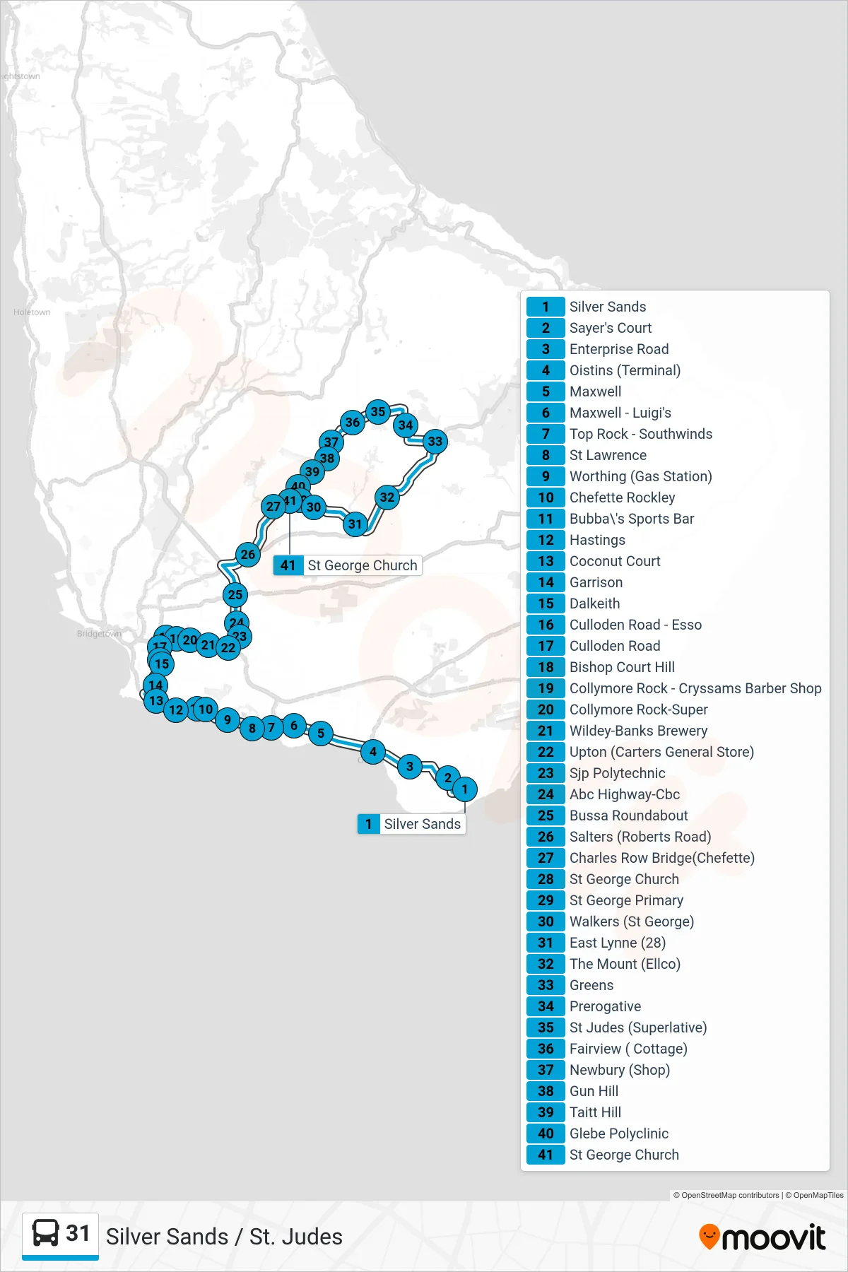 31 bus Line (Silver Sands To St. George Church) route and stops on a map