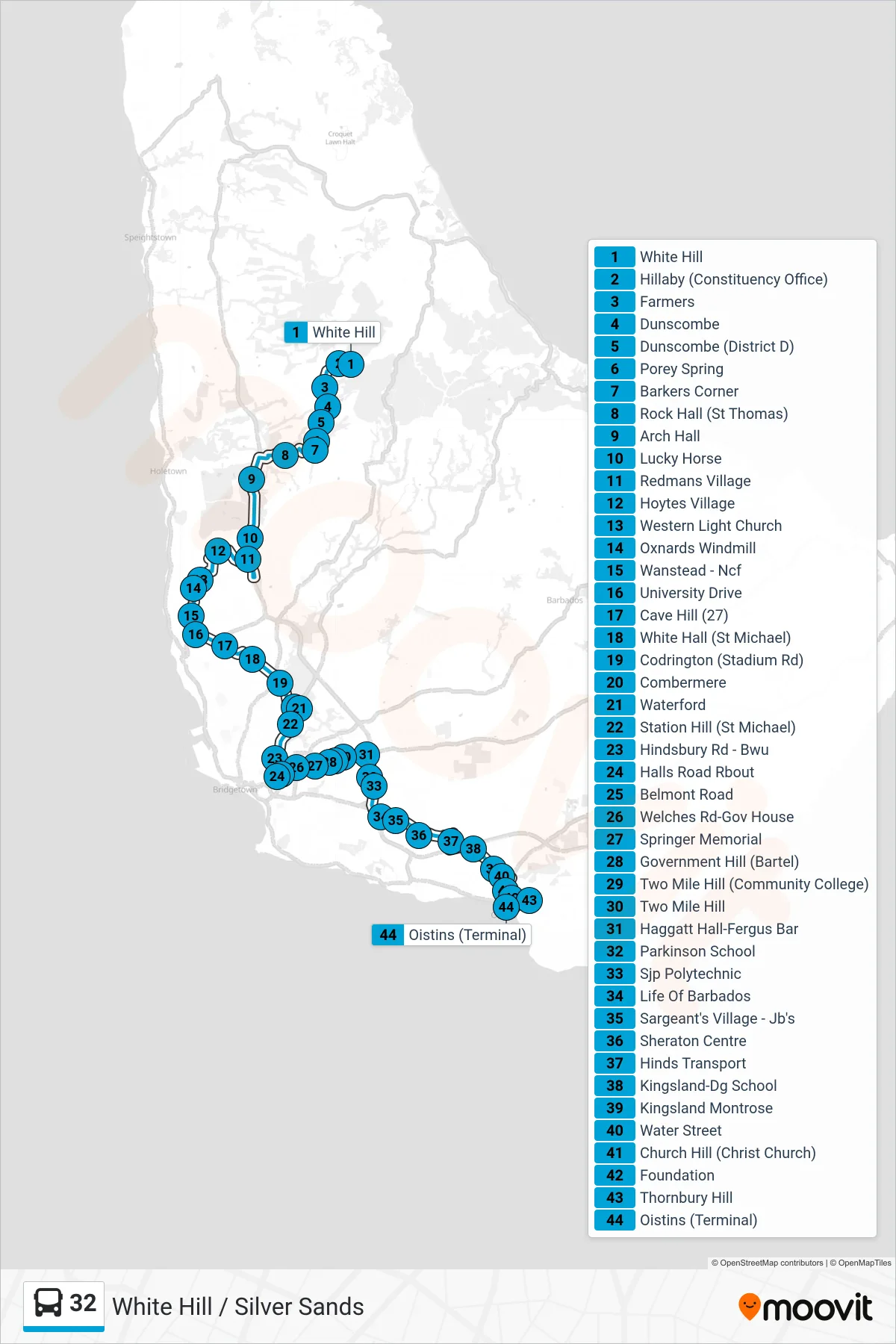 32 bus Line (White Hill To Silver Sands) route and stops on a map