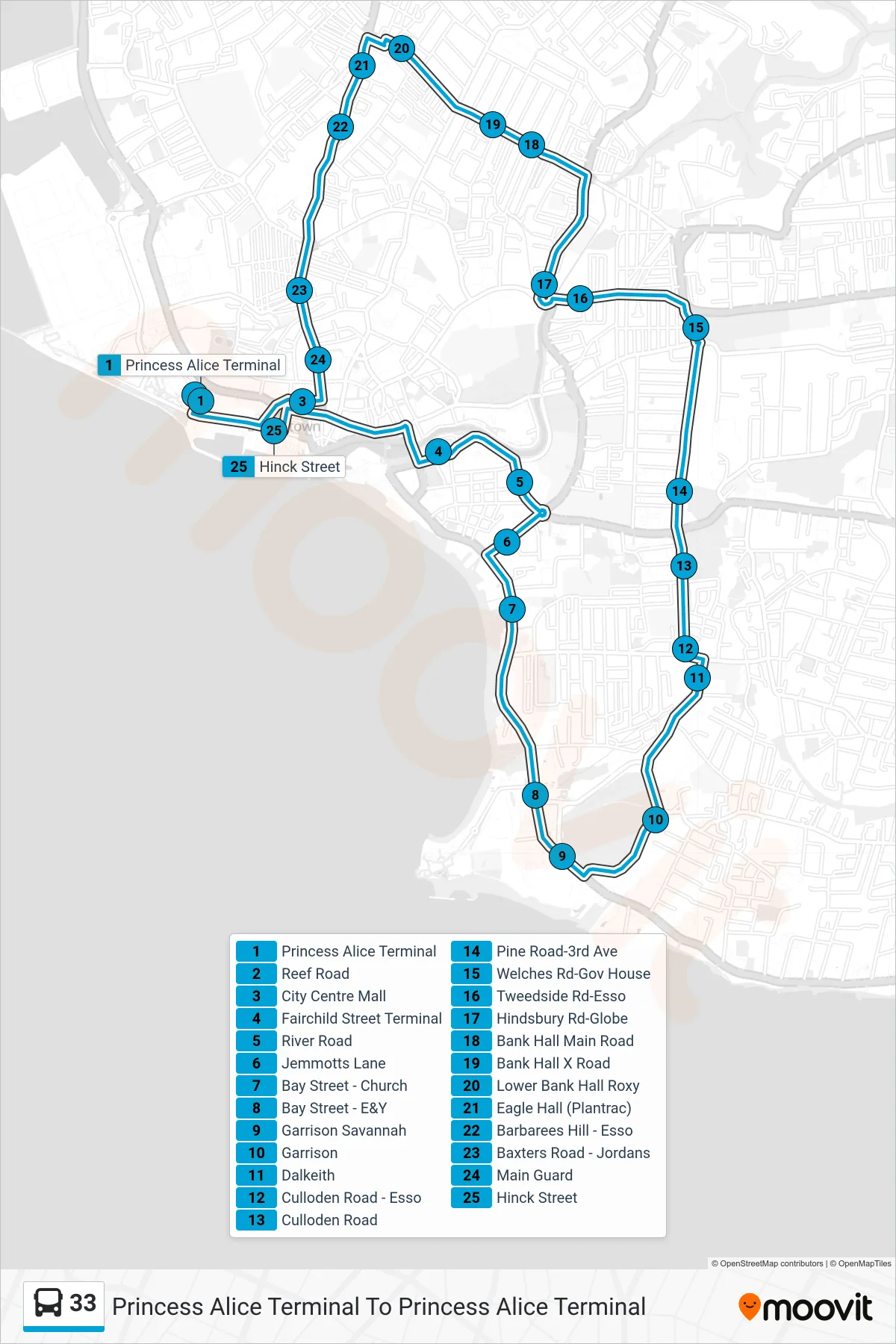 33 bus Line (Princess Alice Terminal To Princess Alice Terminal) route and stops on a map