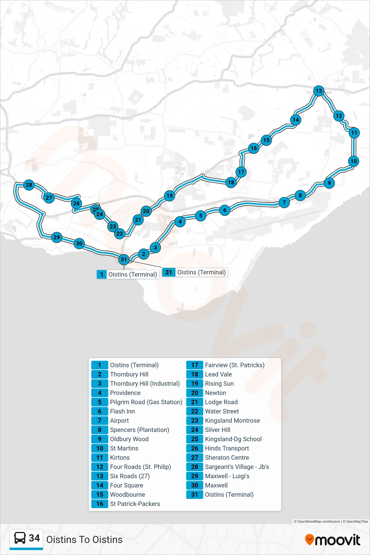 34 bus Line (Oistins To Oistins) route and stops on a map