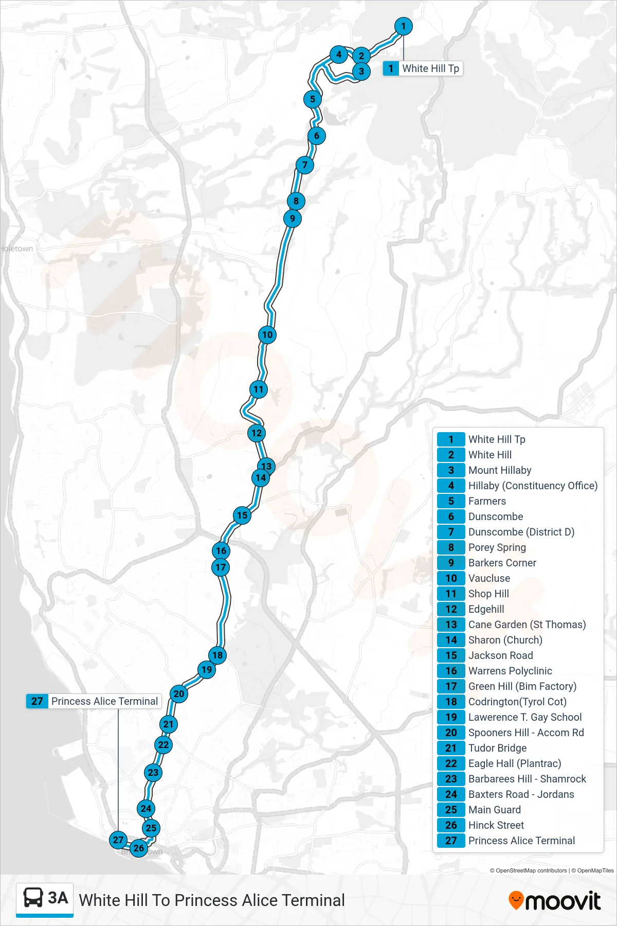 3A bus Line (White Hill To Princess Alice Terminal) route and stops on a map