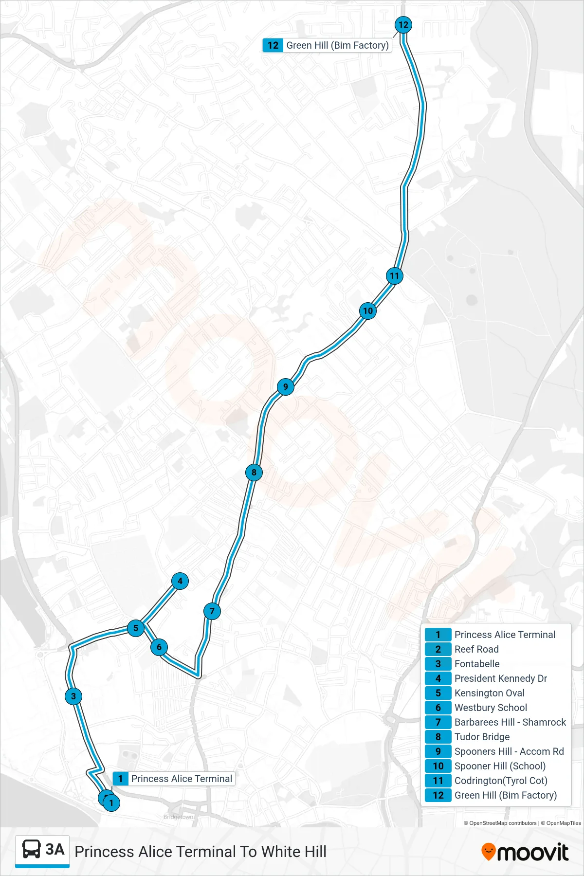 3A bus Line (Princess Alice Terminal To White Hill) route and stops on a map