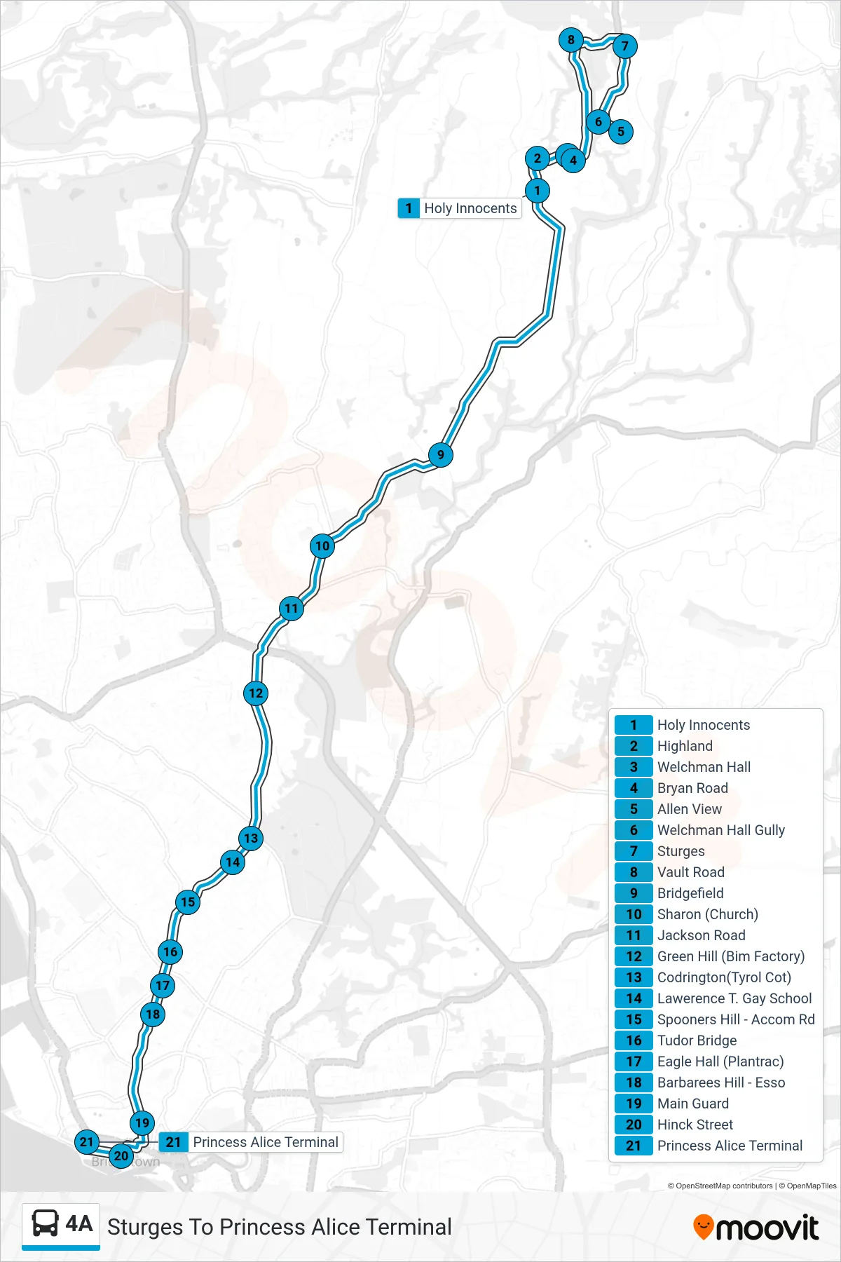 4A bus Line (Sturges To Princess Alice Terminal) route and stops on a map