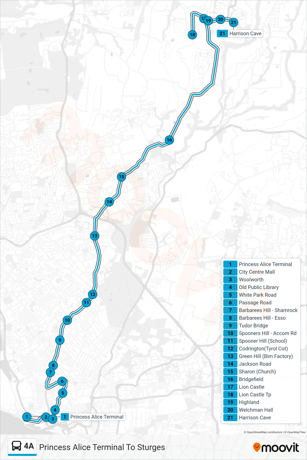 4A bus Line (Princess Alice Terminal To Sturges) route and stops on a map