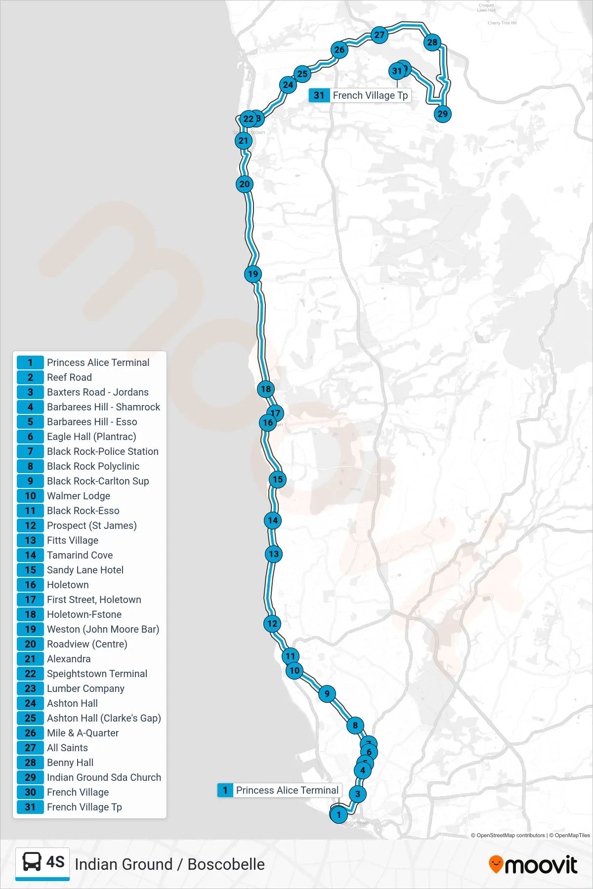 4S bus Line (Princess Alice Terminal To Indian Ground / Boscobelle) route and stops on a map