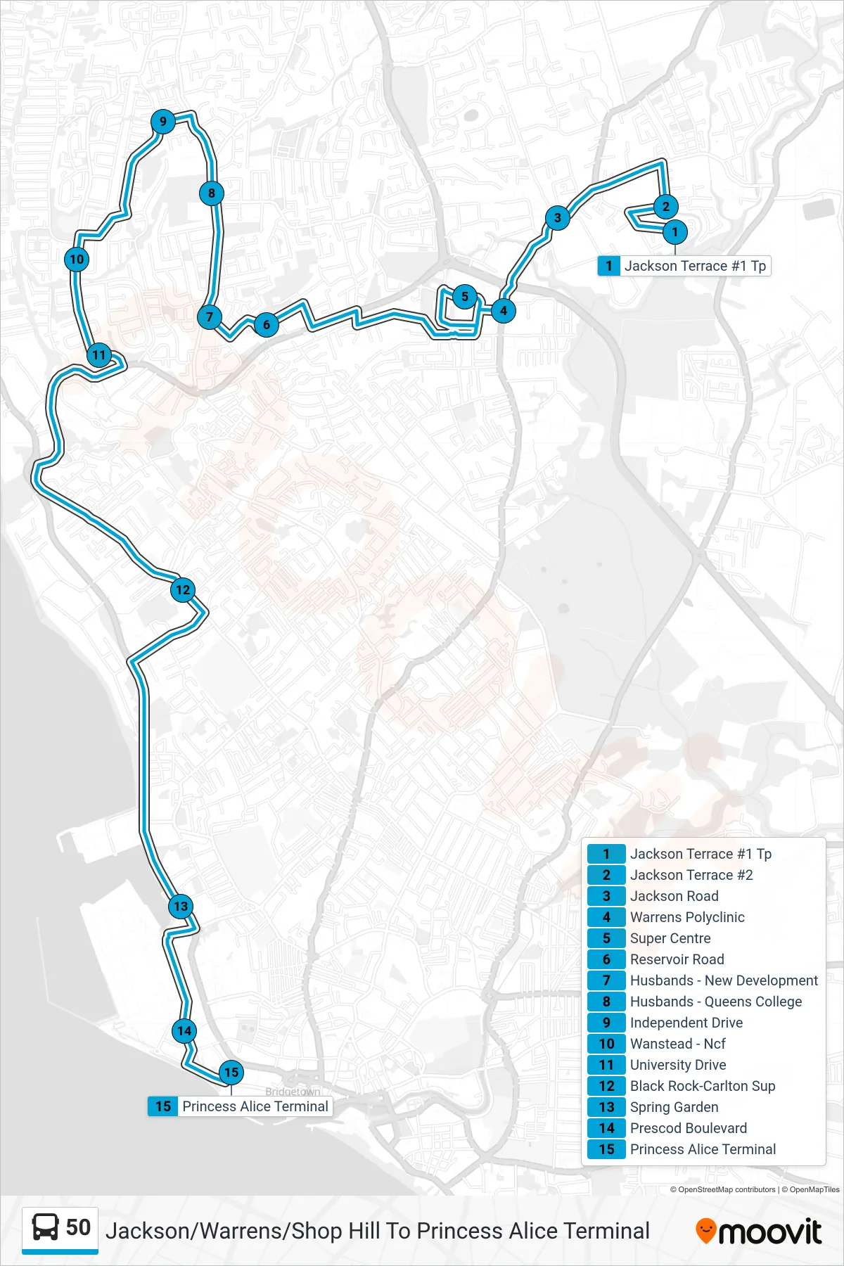 50 bus Line (Jackson/Warrens/Shop Hill To Princess Alice Terminal) route and stops on a map