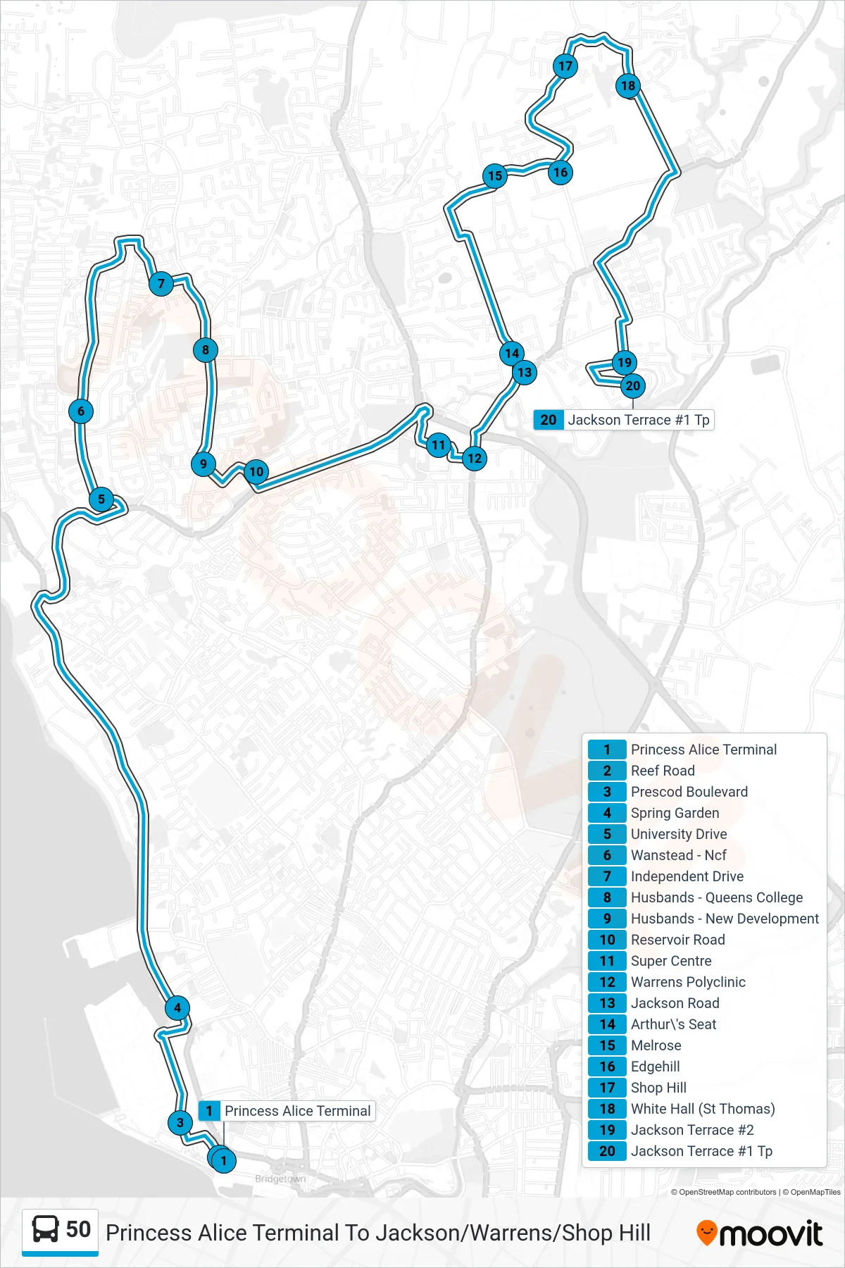50 bus Line (Princess Alice Terminal To Jackson/Warrens/Shop Hill) route and stops on a map