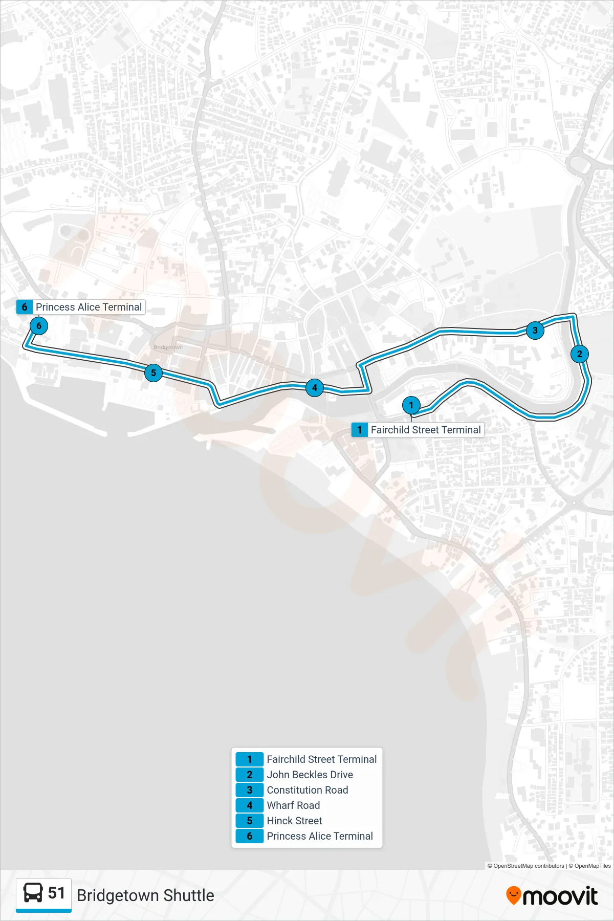 51 bus Line (Fairchild Street Terminal To Princess Alice Terminal) route and stops on a map
