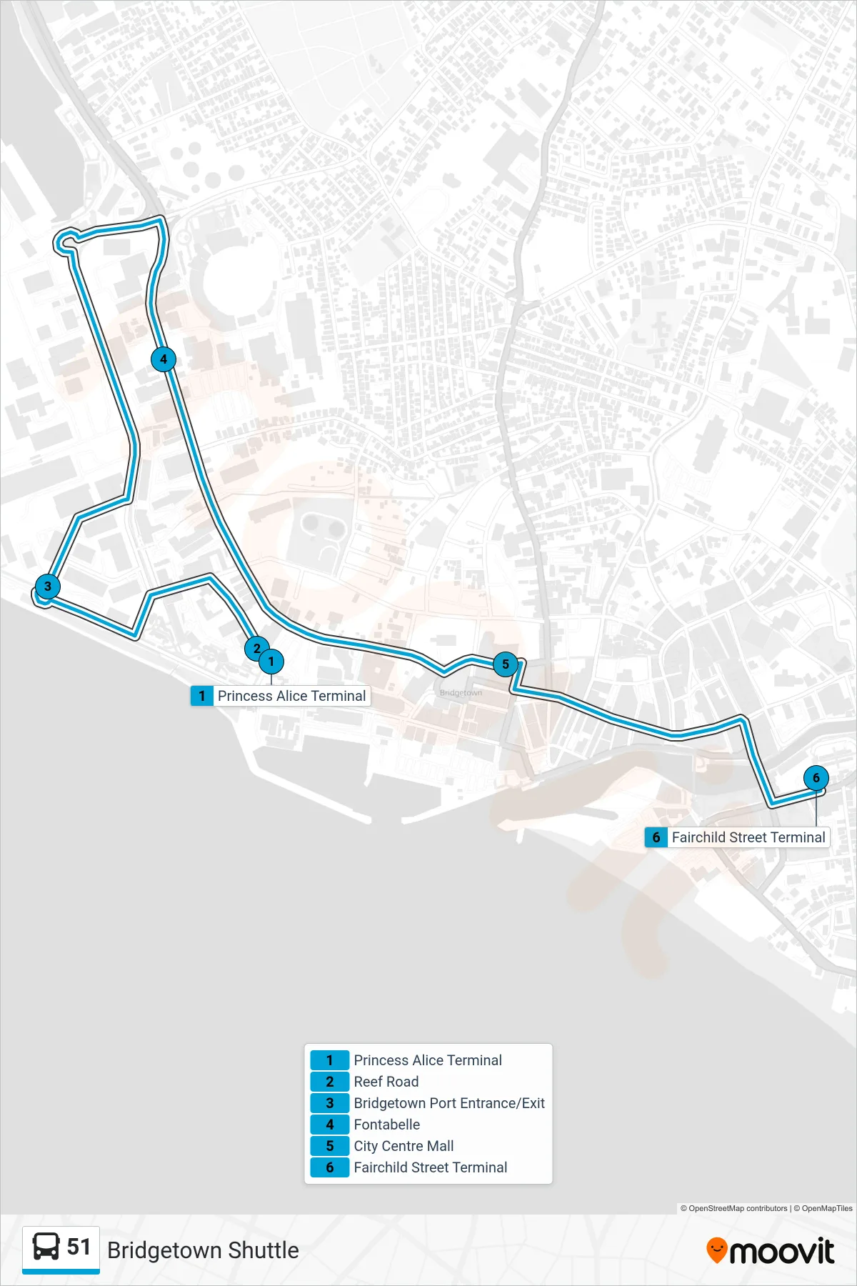 51 bus Line (Princess Alice Terminal To Fairchild Street Terminal) route and stops on a map