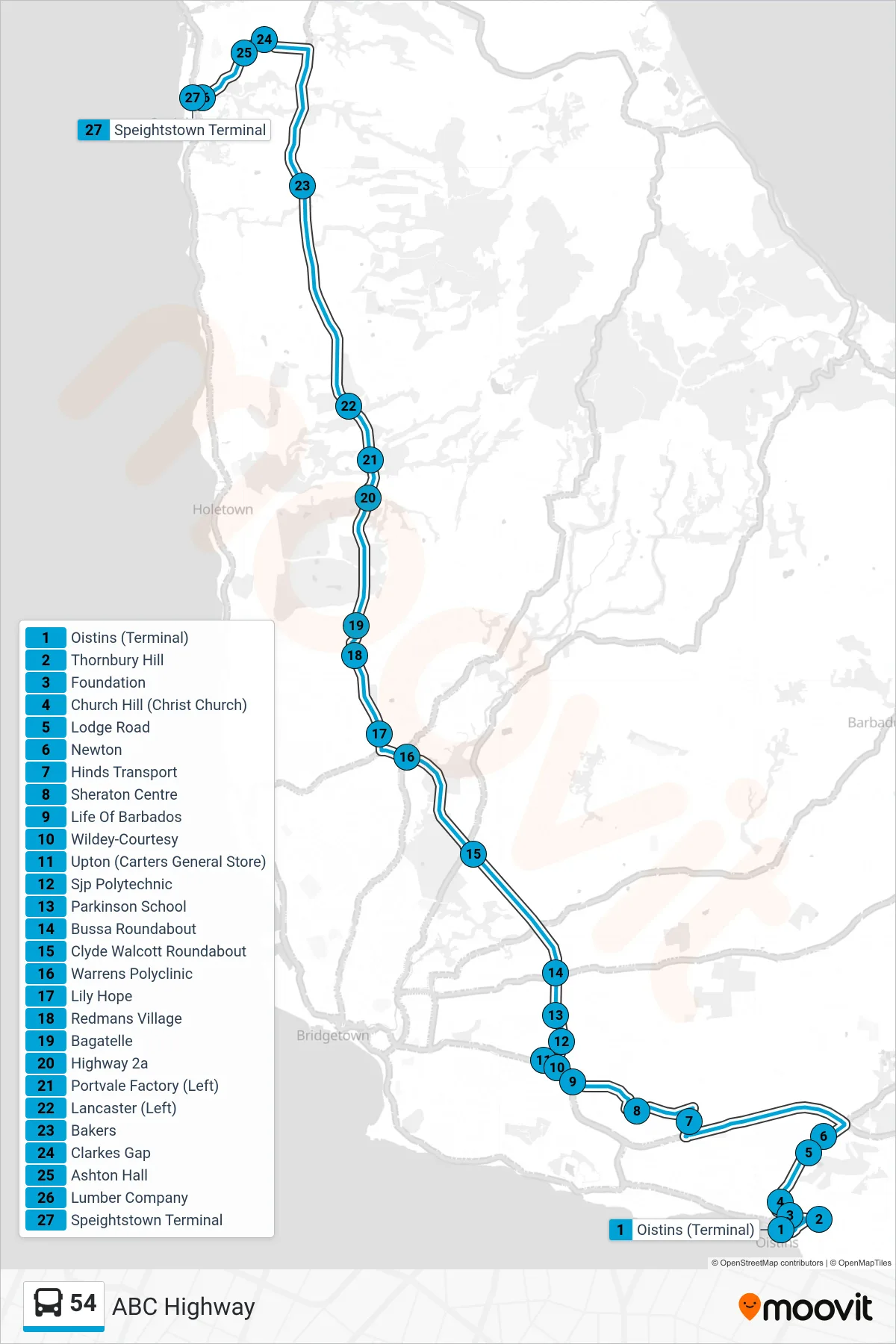 54 bus Line (Oistins To Speightstown Terminal) route and stops on a map