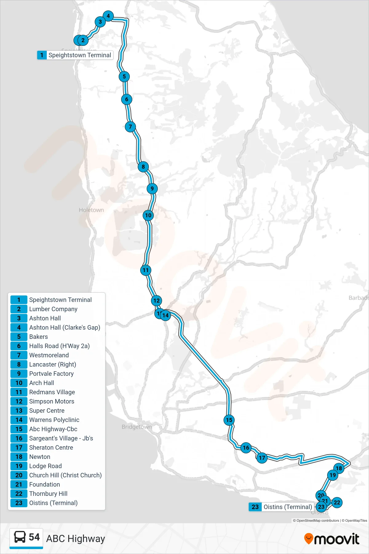 54 bus Line (Speightstown Terminal To Oistins) route and stops on a map