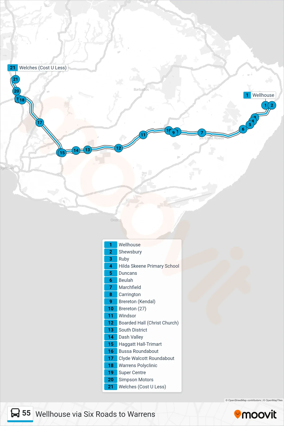 55 bus Line (Wellhouse To Warrens) route and stops on a map