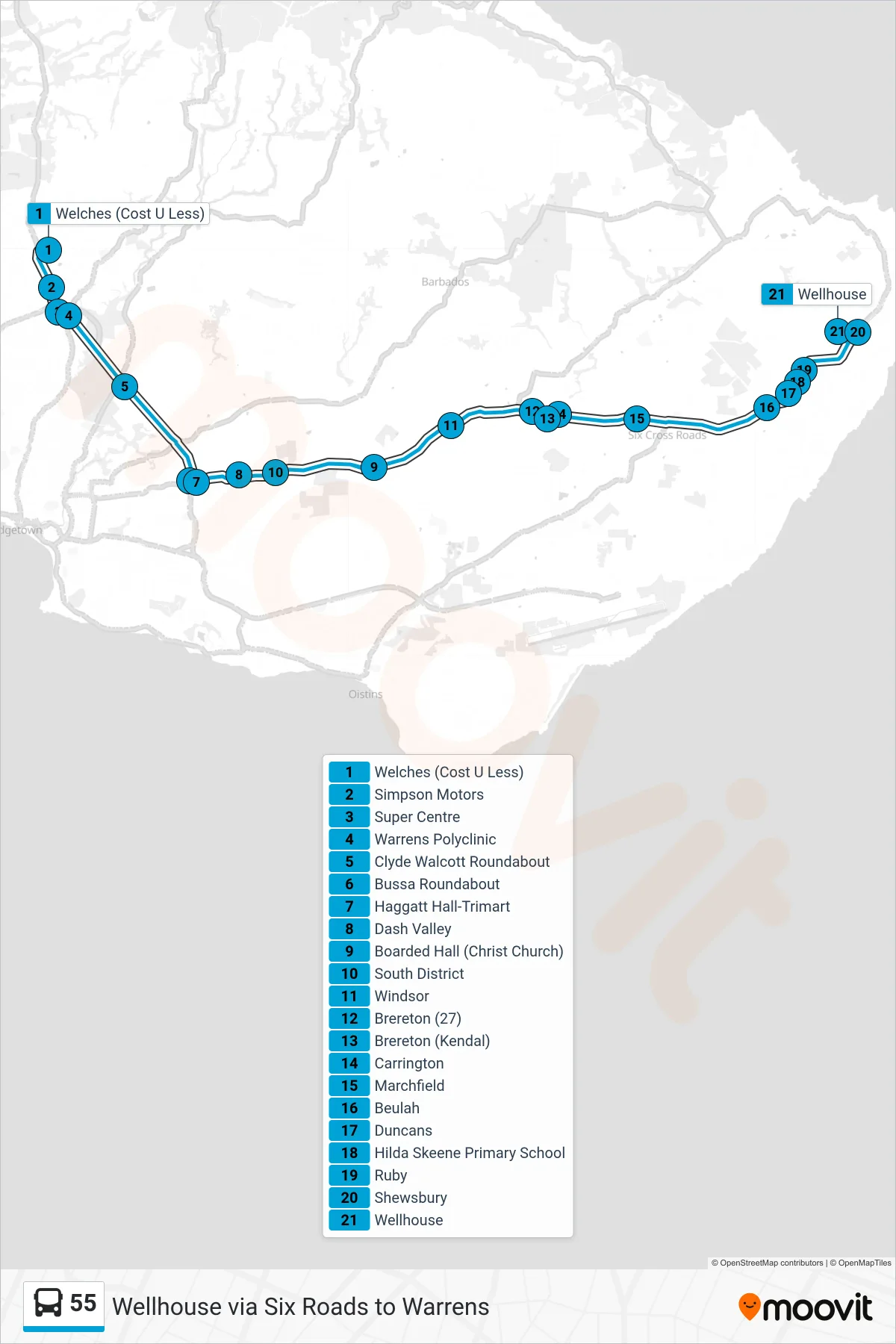 55 bus Line (Warrens To Wellhouse) route and stops on a map