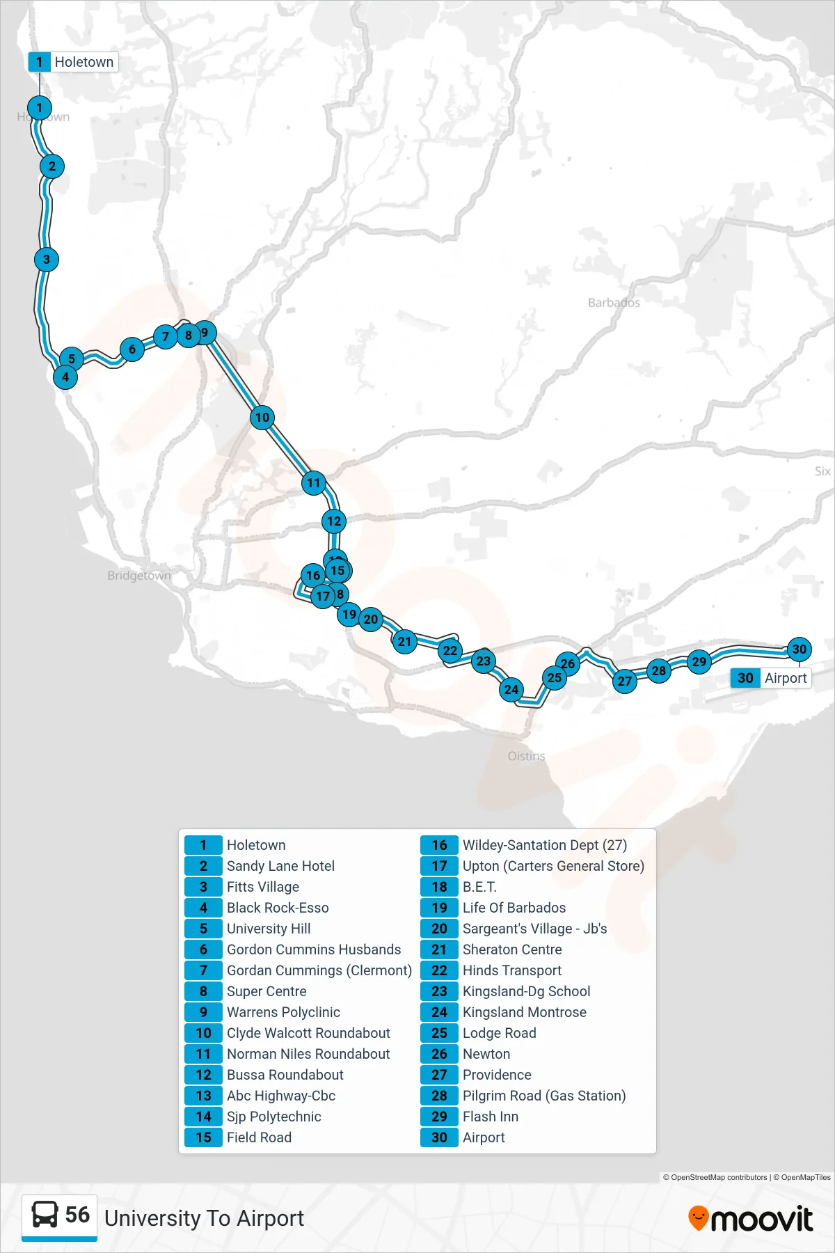 56 bus Line (University To Airport) route and stops on a map