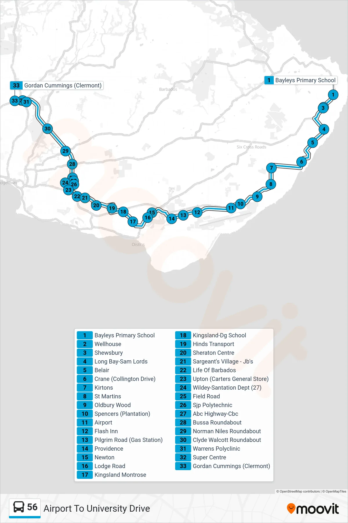 56 bus Line (Airport To University Drive) route and stops on a map