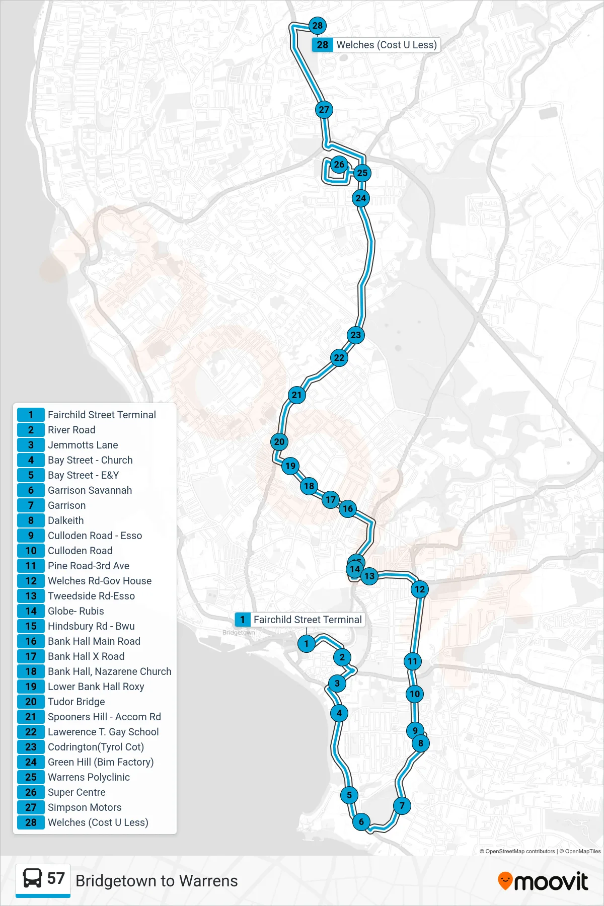 57 bus Line (Bridgetown To Warrens) route and stops on a map