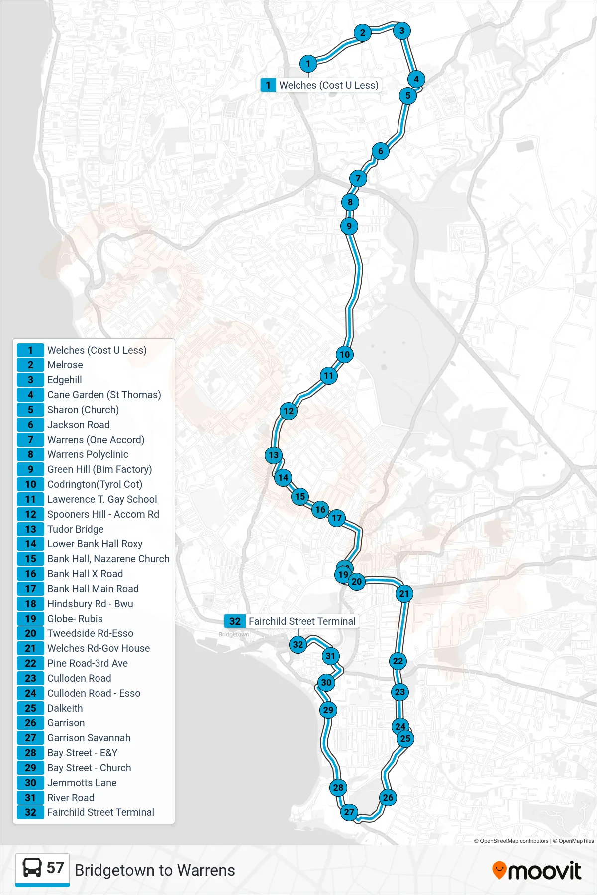 57 bus Line (Warrens To Bridgetown) route and stops on a map