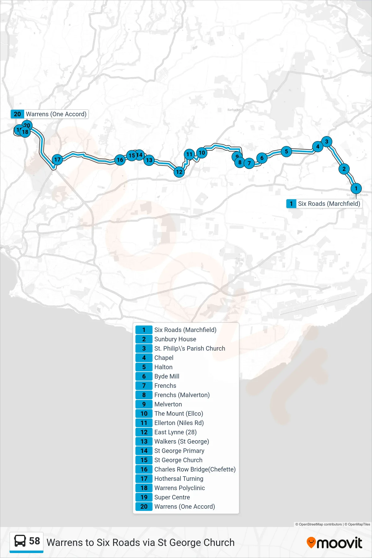 58 bus Line (Six Roads To Warrens) route and stops on a map