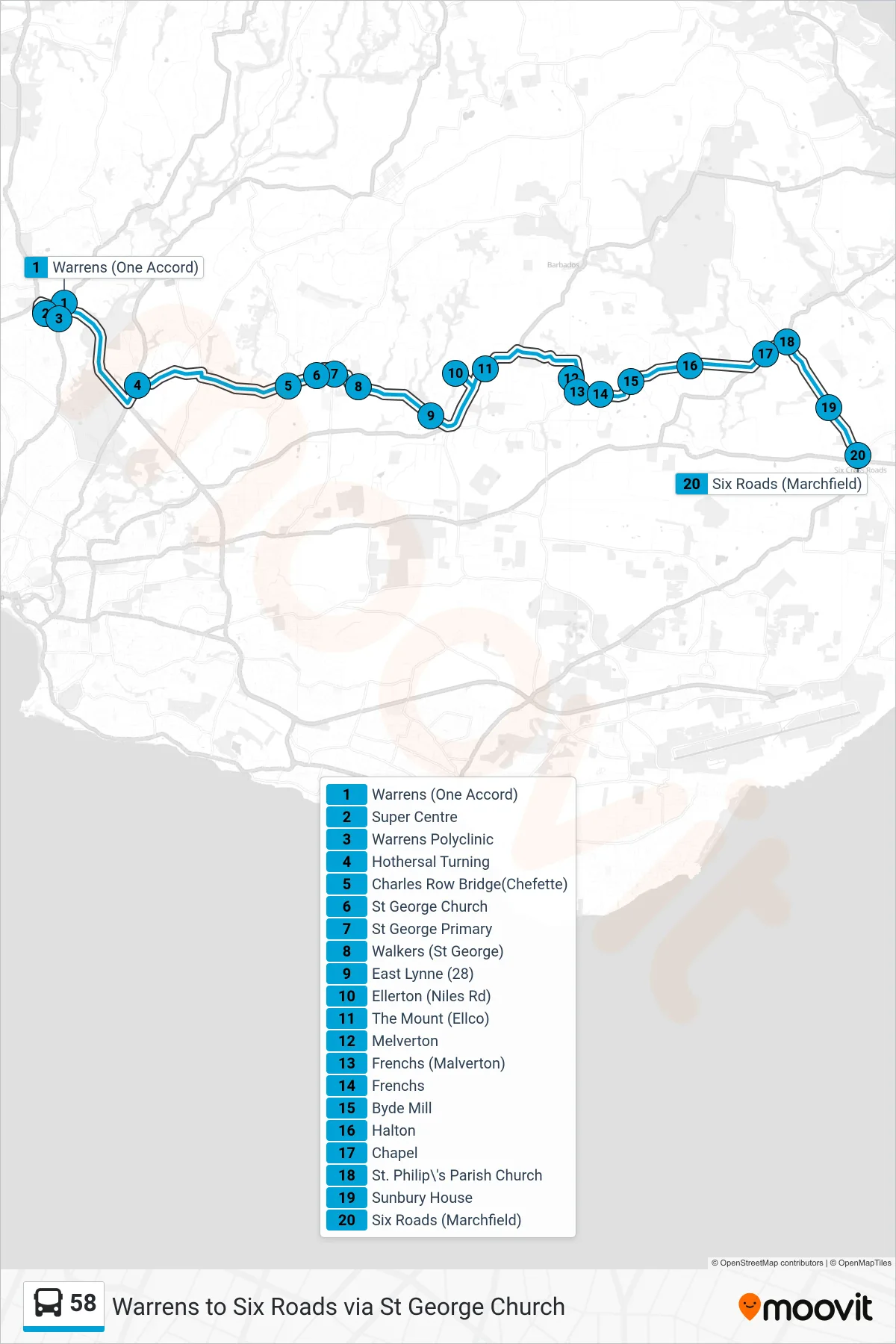 58 bus Line (Warrens To Six Roads) route and stops on a map