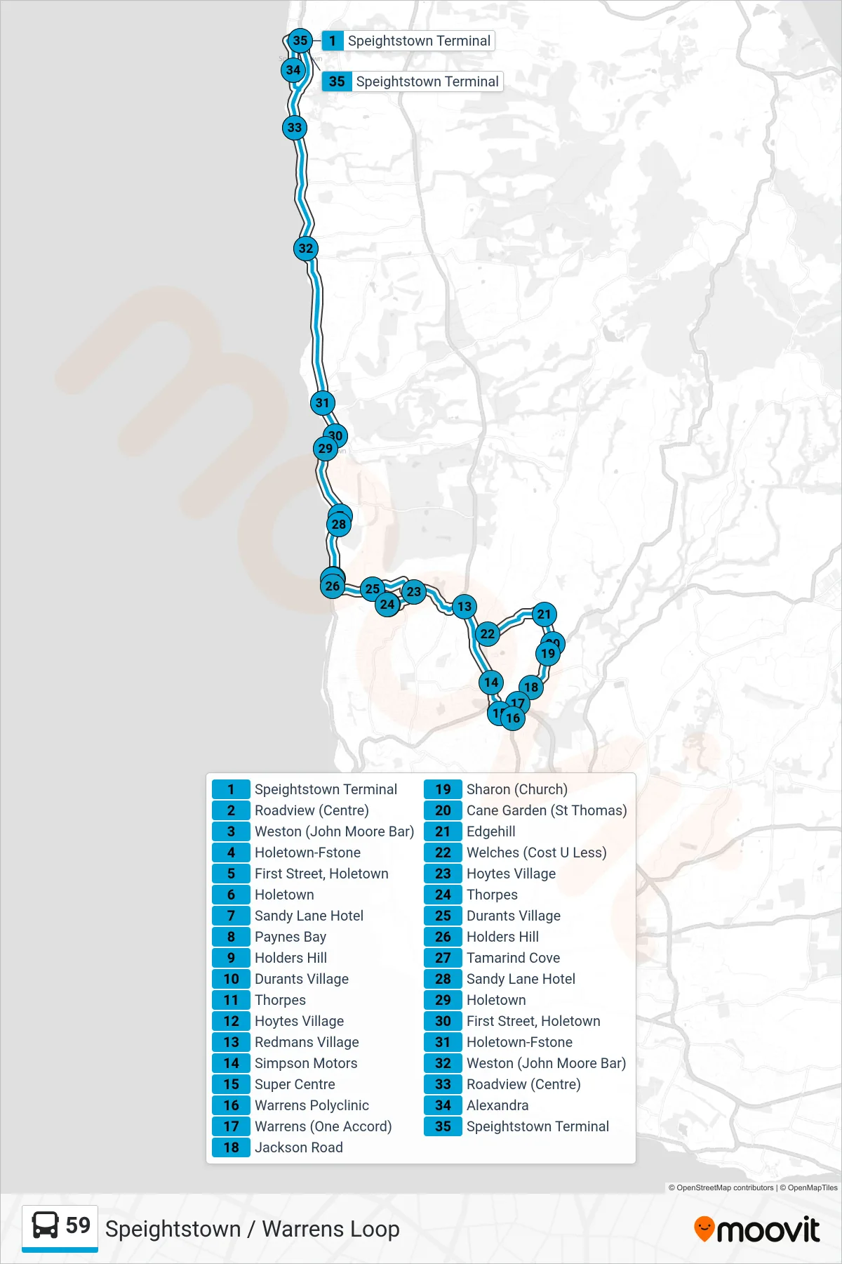 59 bus Line (Speightstown Terminal To Speightstown Terminal) route and stops on a map