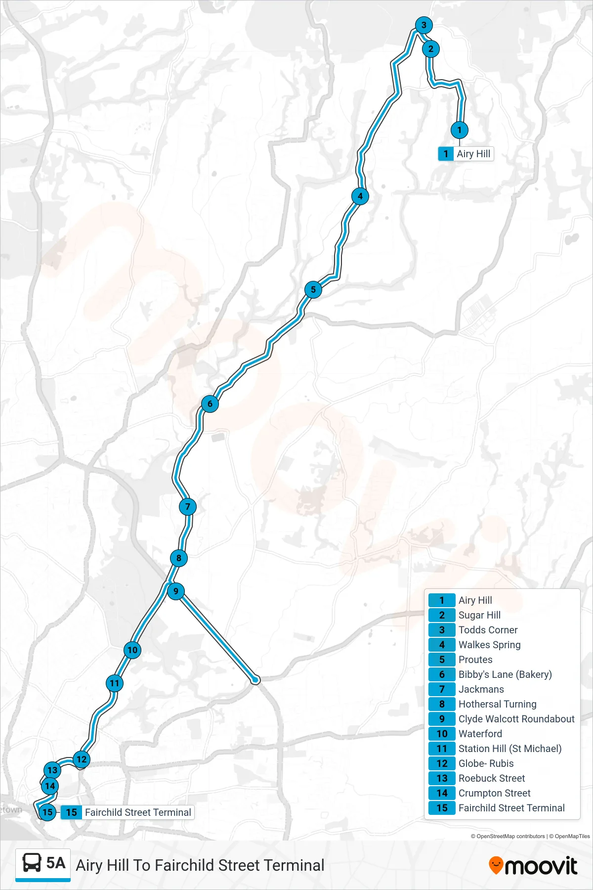 5A bus Line (Airy Hill To Fairchild Street Terminal) route and stops on a map