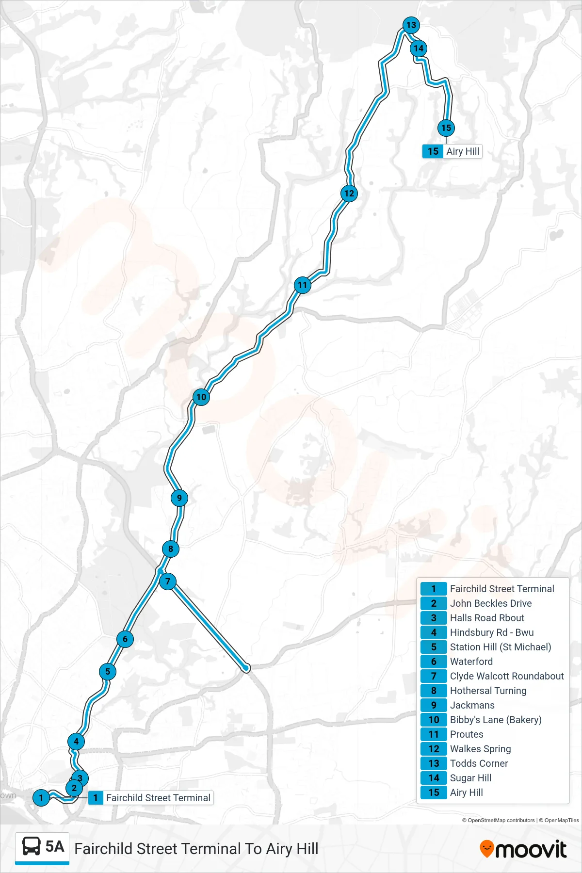 5A bus Line (Fairchild Street Terminal To Airy Hill) route and stops on a map