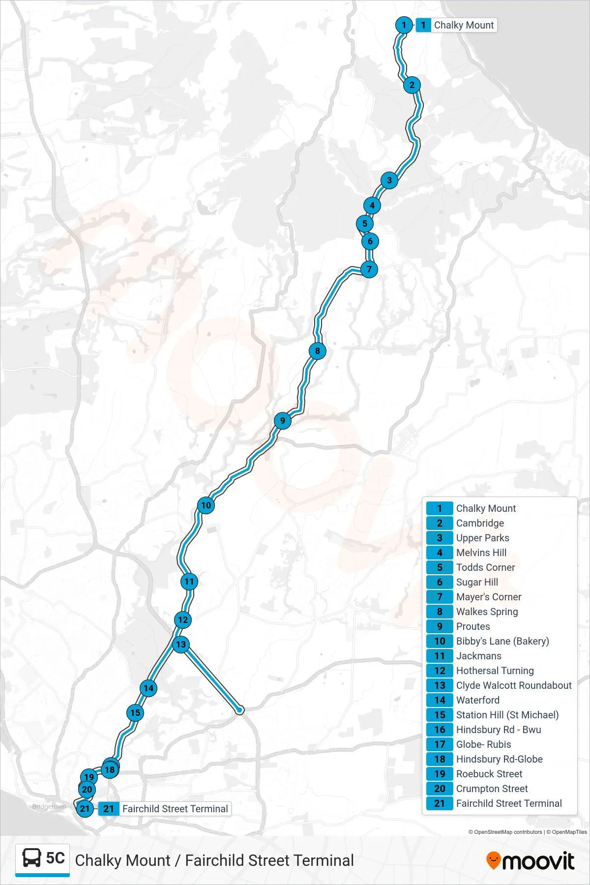 5C bus Line (Chalky Mount To Fairchild Street Terminal) route and stops on a map